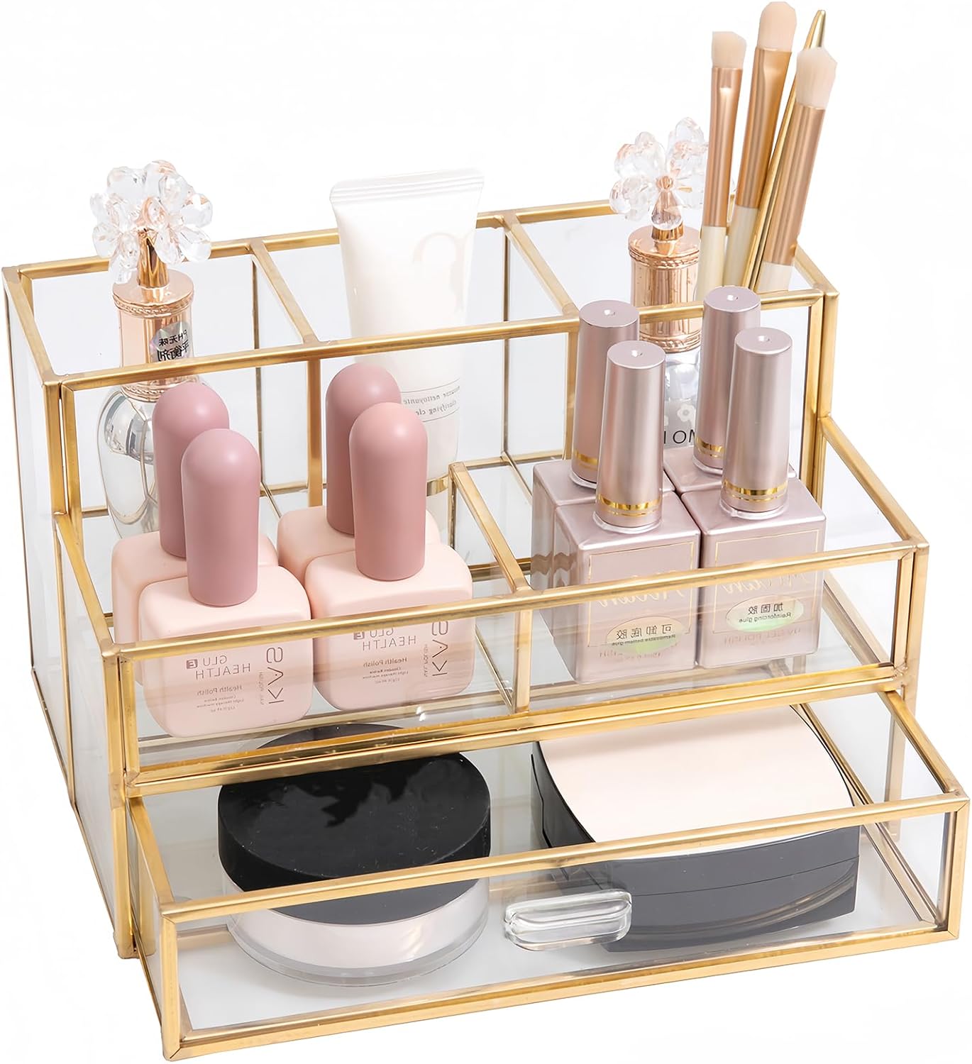 HARLIANGXY Organizador de Cosméticos con Cajones, Organizador de Maquillaje Dorado, Portaescobillas de Maquillaje, Organizador de Belleza, Contenedor de Maquillaje, Caja de Cosméticos, Organizador de 