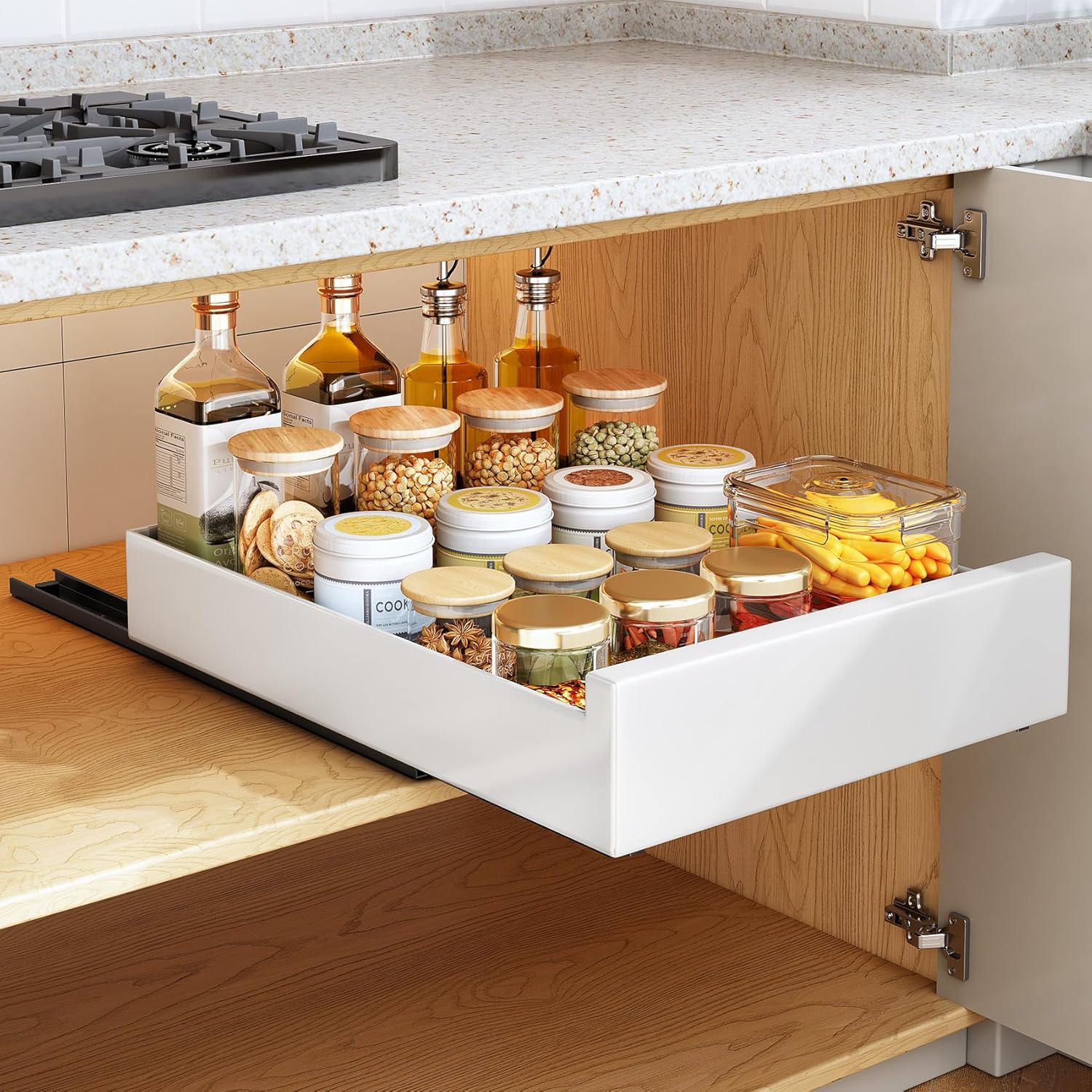 Cajón telescópico SAYZH, estantes de almacenamiento extensibles, (43 cm de profundidad x 30 cm de ancho x 9 cm de alto) Cajón extraíble extensible para armarios de cocina, no requiere taladrar ni clavar (blanco)