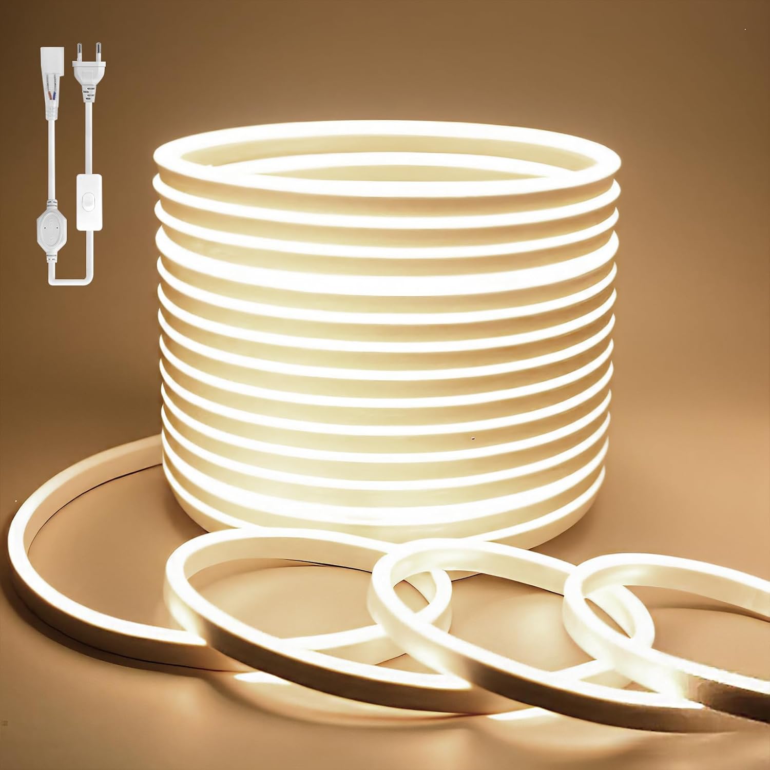 Tira de luces LED de neón BAGZY, 30 m, resistente al agua, para exteriores, 230 V, 120 LED/m, flexible, para bricolaje, ideal para fiestas navideñas en interiores y exteriores, con fuente de alimentación y controlador (blanco natural).
