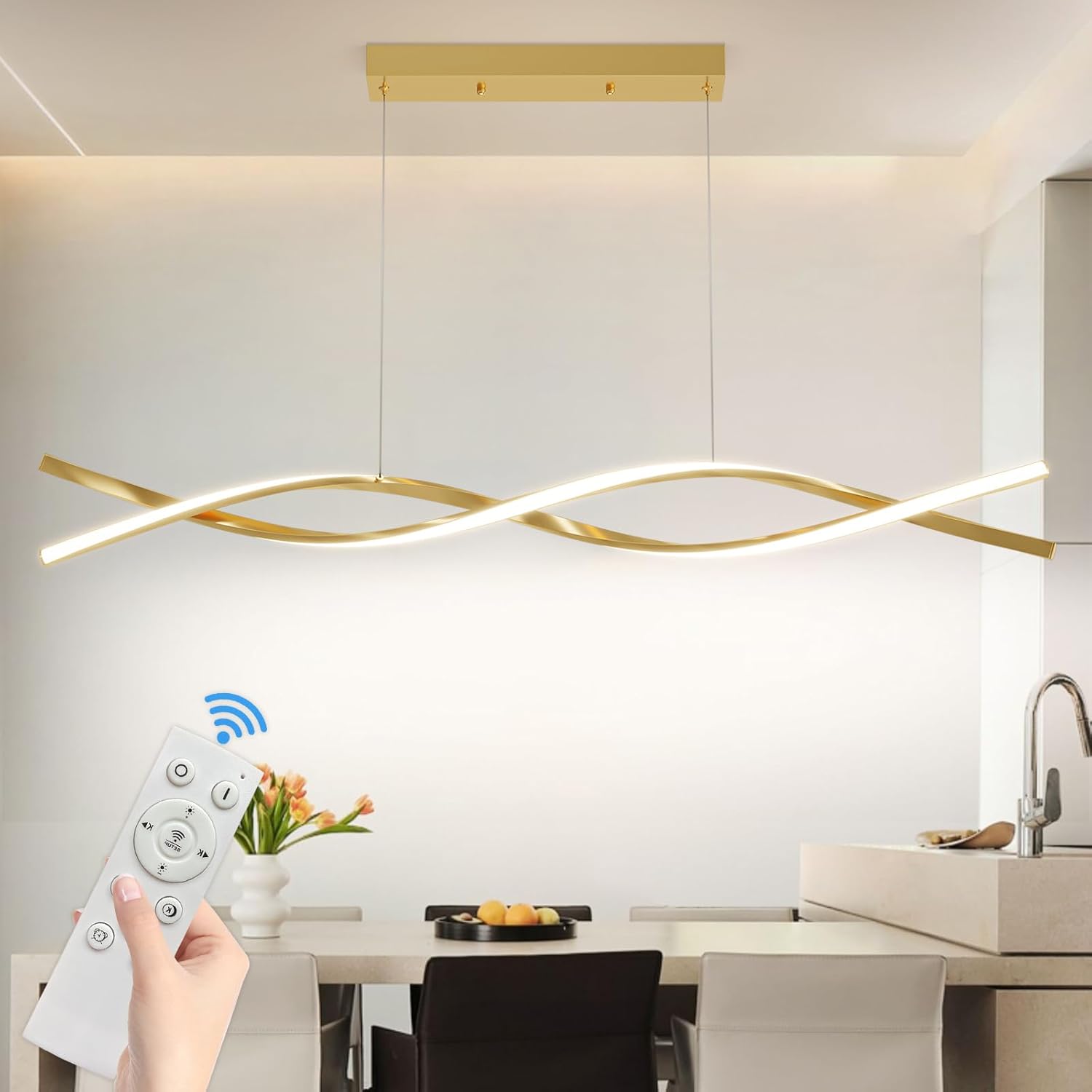 Lámpara colgante LED moderna Mikeru para comedor, 48 W, regulable con mando a distancia, altura ajustable con función de memoria, para comedor, salón, cocina, lámpara colgante, 120 cm