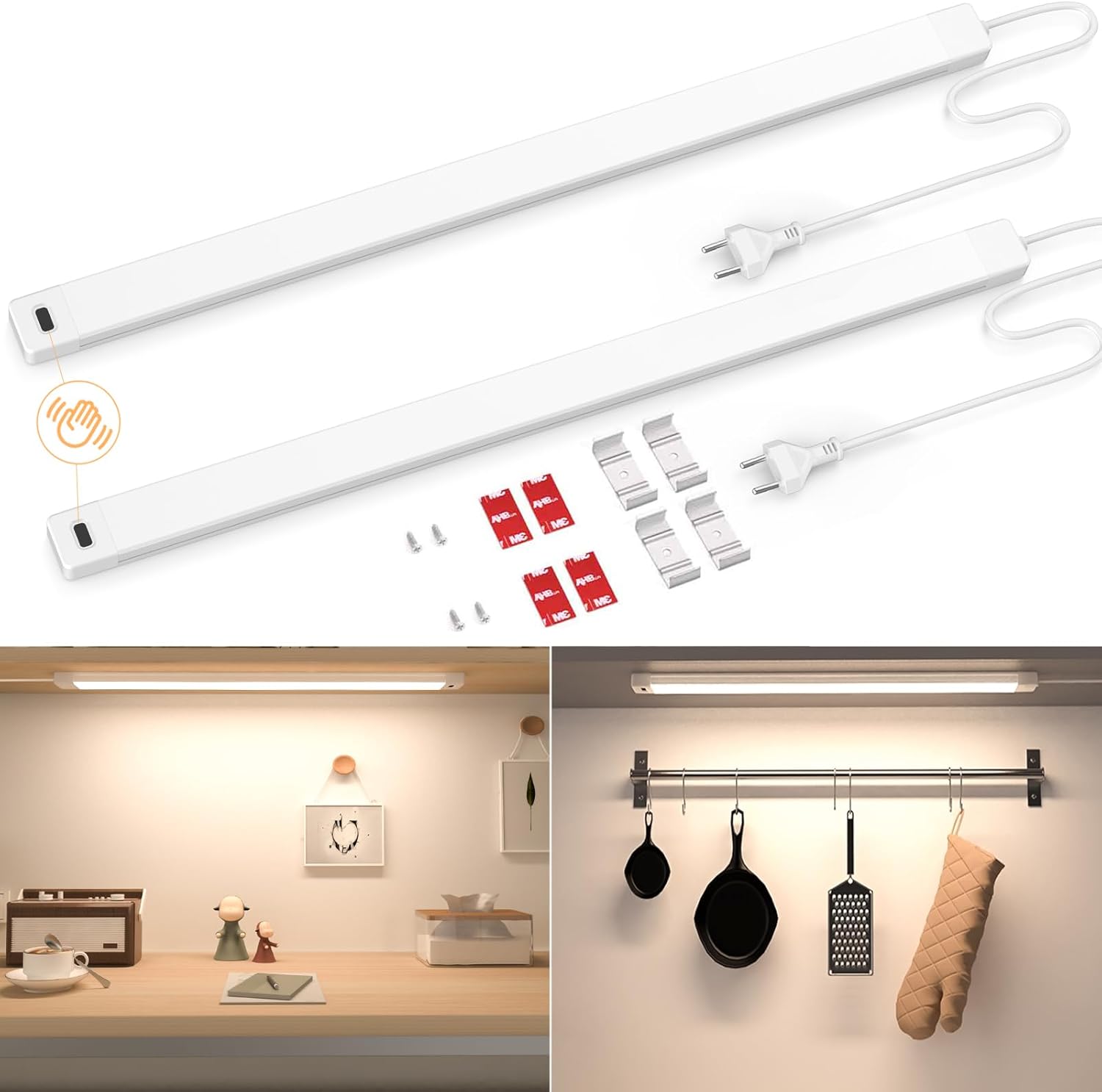 SIBI - Lámpara LED regulable para debajo del gabinete (2 unidades, 41 cm, blanco neutro, con sensor táctil), para cocina, estanterías y bancos de trabajo, 473 lm, 4000 K