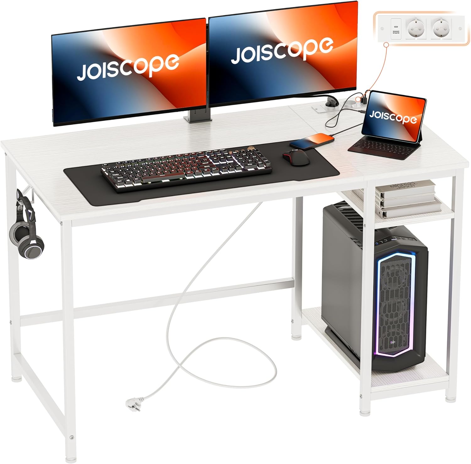 JOISCOPE Escritorio de Ordenador de Estudio, Mesa Escritorio con Toma de Corriente AC, Puertos USB y Type-C, Estante de Almacenamiento, Adecuado para Dormitorio y Oficina, 120 x 60 CM, Blanco B0D69FVKRD
