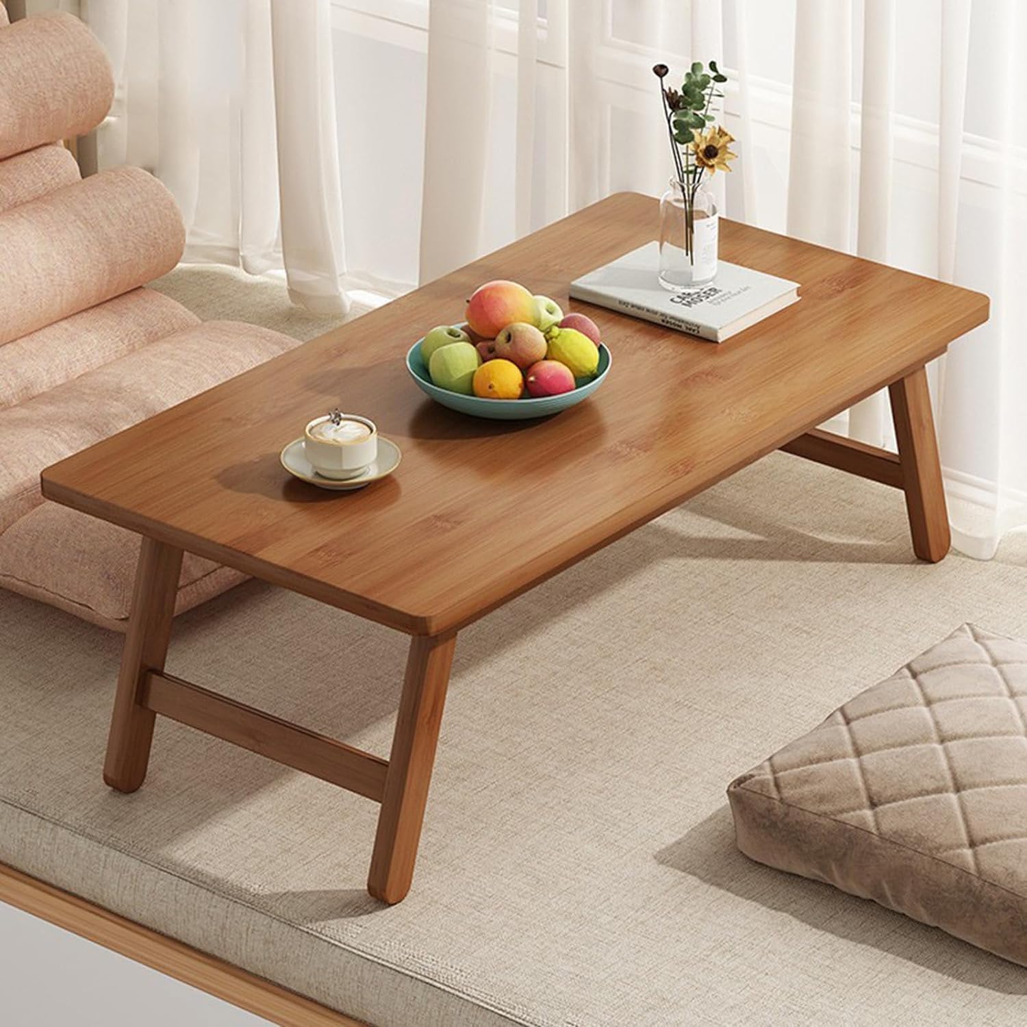 Mesa plegable baja QHENS, mesa de suelo plegable de madera de bambú, material ecológico, sin olor, pequeña mesa auxiliar para acampar al aire libre, 2,8 kg, 57 x 34,3 x 22,3 cm