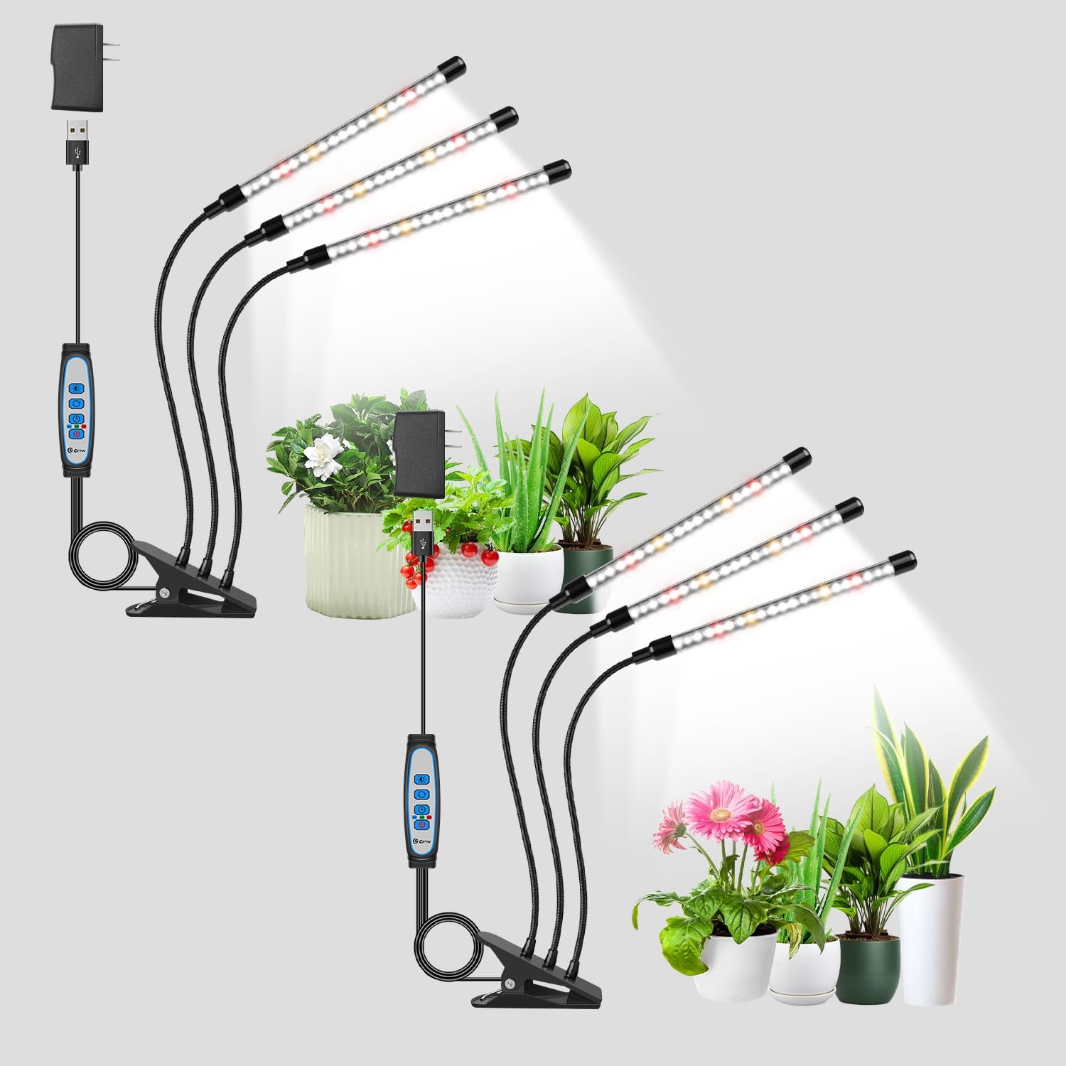 Wolezek - Lámpara LED para plantas (2 unidades, 6000 K, espectro completo), luz blanca con clip, 5 niveles de intensidad regulable, temporizador automático de 6/12/16 h