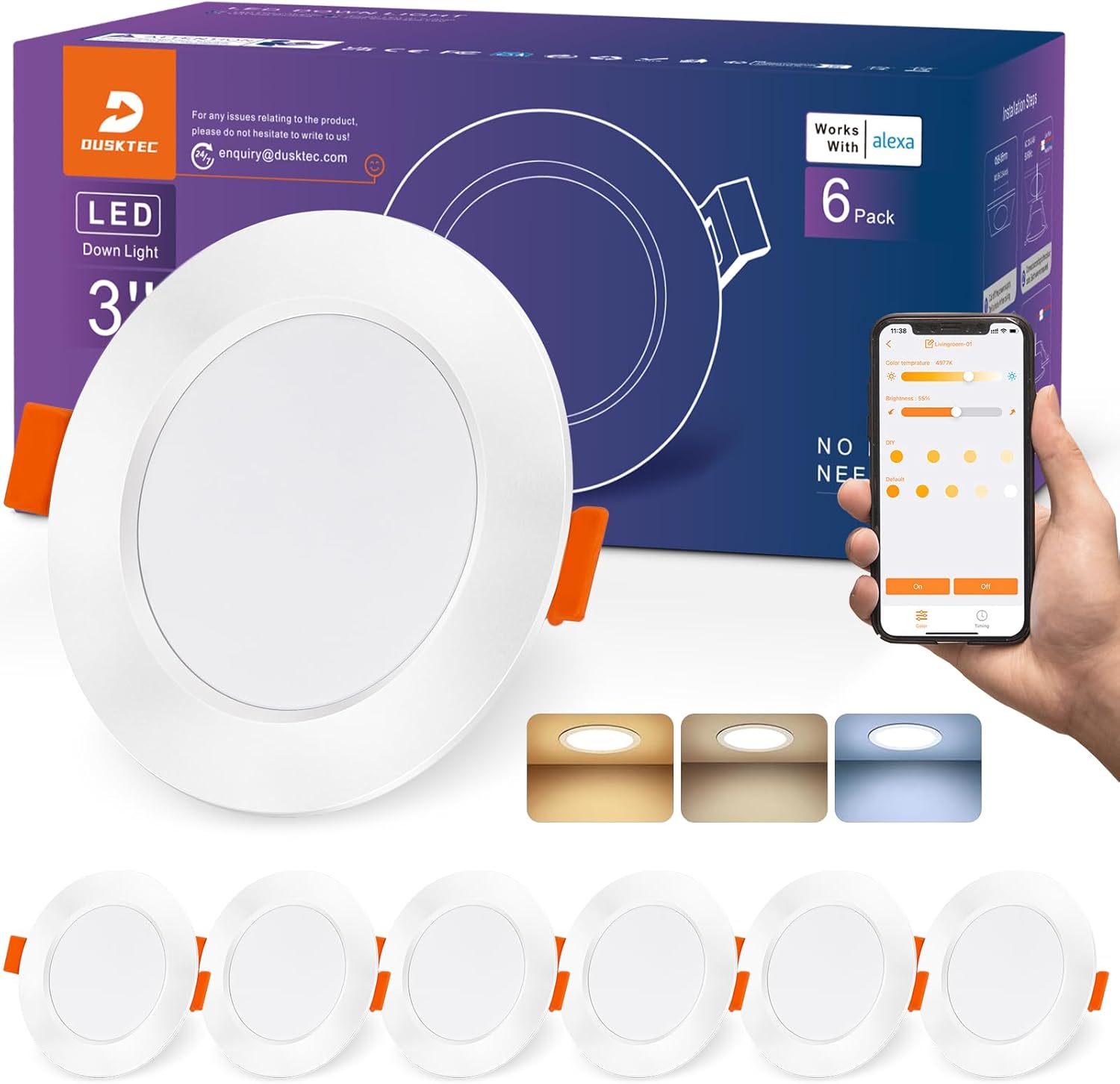 Focos LED inteligentes empotrables DUSKTEC, 230 V, 7 W, regulables, con aplicación, luz blanca cálida y fría (2700 K-6000 K), compatibles con Alexa, 68 mm, para baño, juego de 6 unidades.