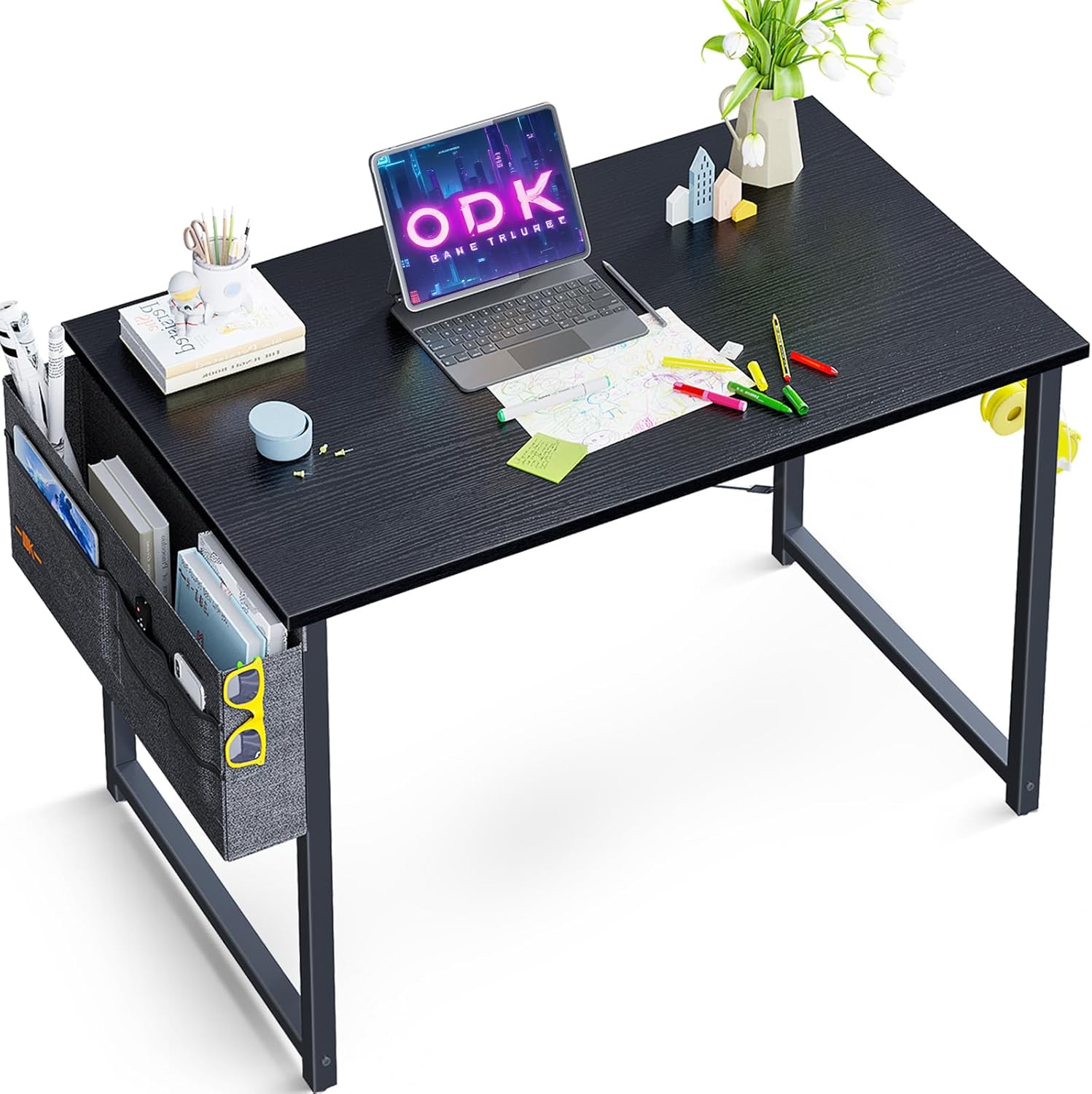 Escritorio pequeño ODK, escritorio para computadora, escritorio de oficina, escritorio de trabajo con bolsa de almacenamiento y gancho para auriculares para estudio y dormitorio (80 x 40 x 73,5 cm, negro)
