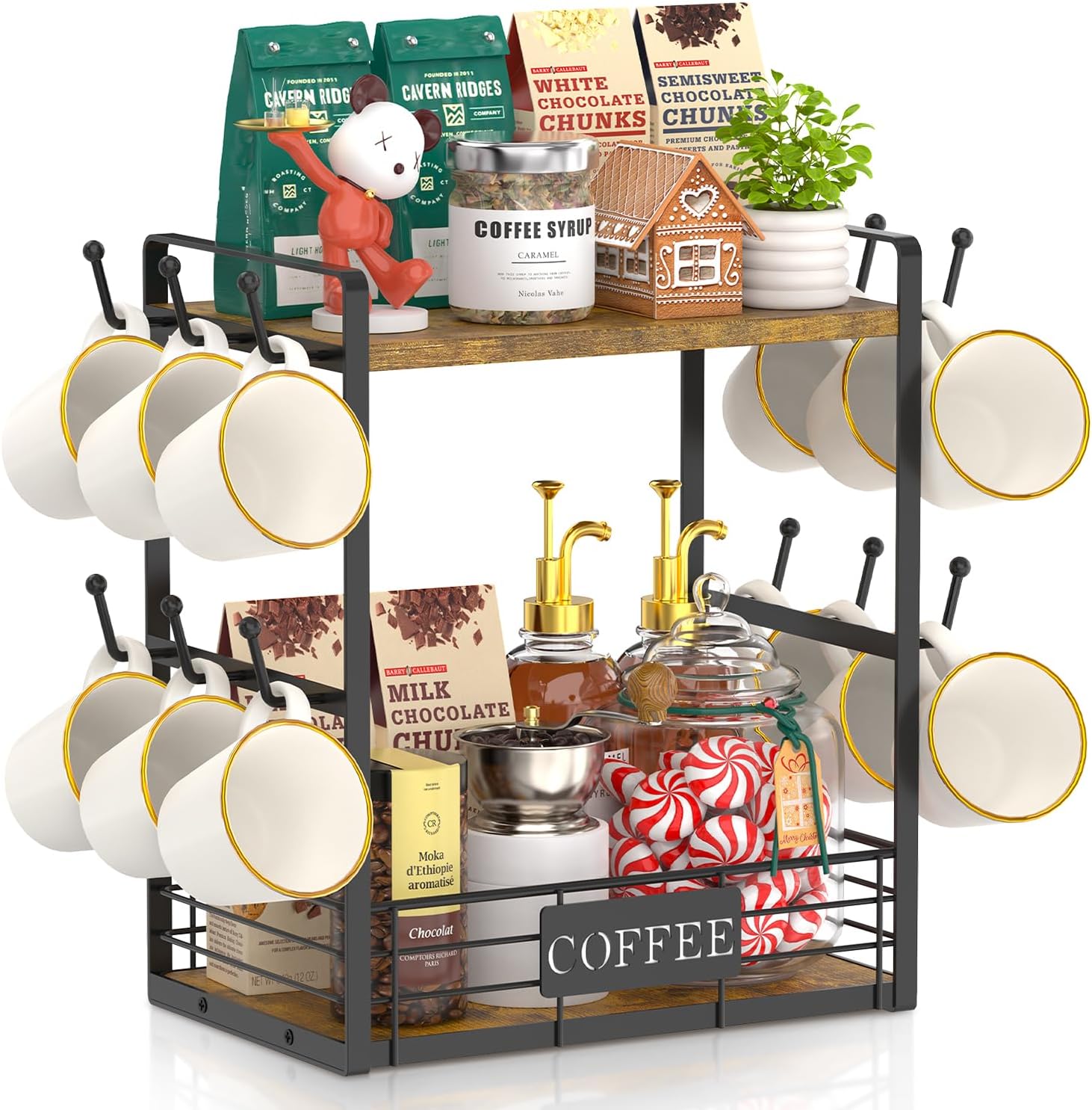 EsLuker.ly - Portavasos de 2 niveles para encimera, 12 ganchos para pared con cesta de almacenamiento, soporte de metal y madera, organizador de tazas para cafetería, cocina, color marrón y negro vint