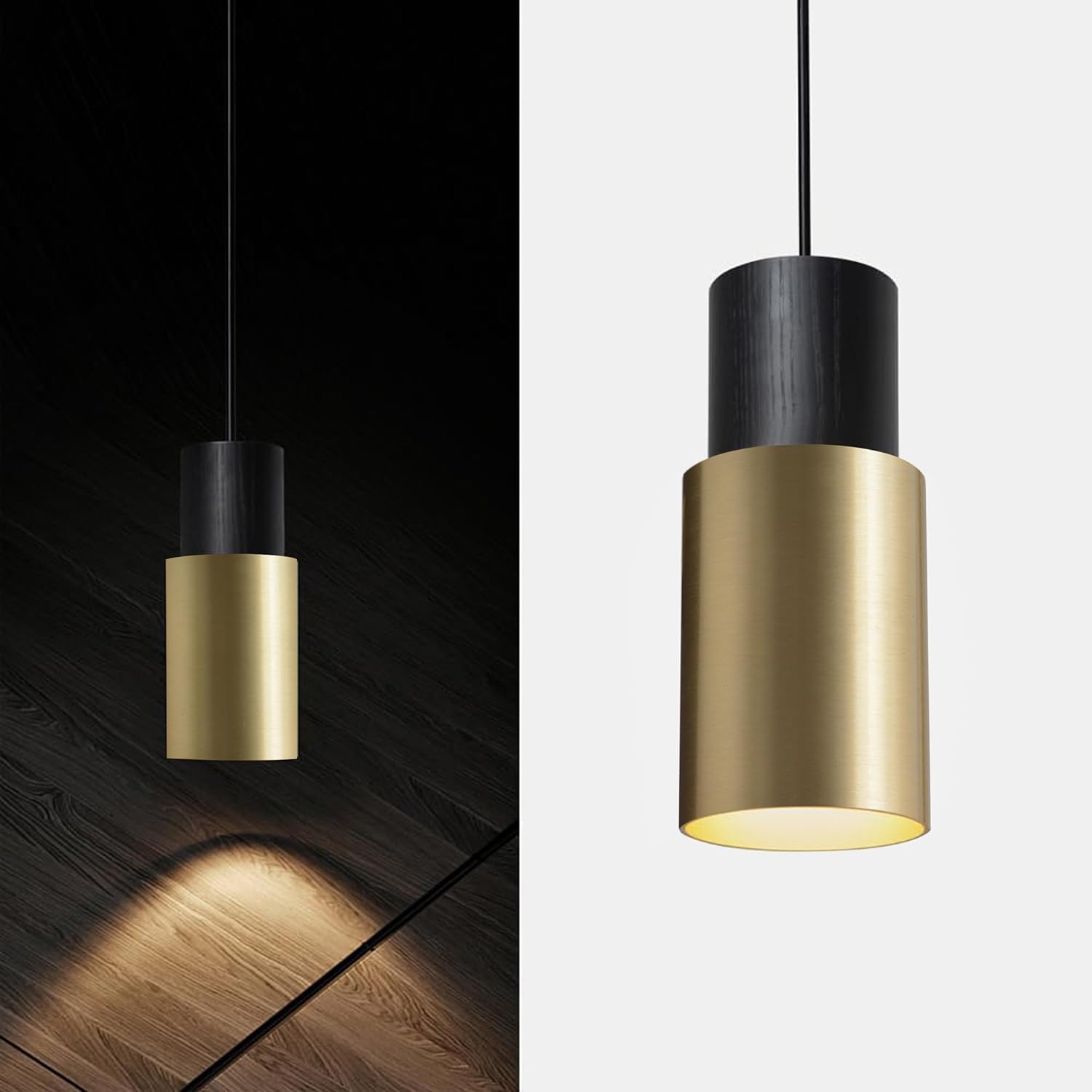 Lámpara colgante de 1 llama con diseño industrial en negro y dorado. Hecha de madera maciza y pantalla de aluminio, es resistente y duradera, libre de óxido. Ideal para una amplia gama de espacios, co