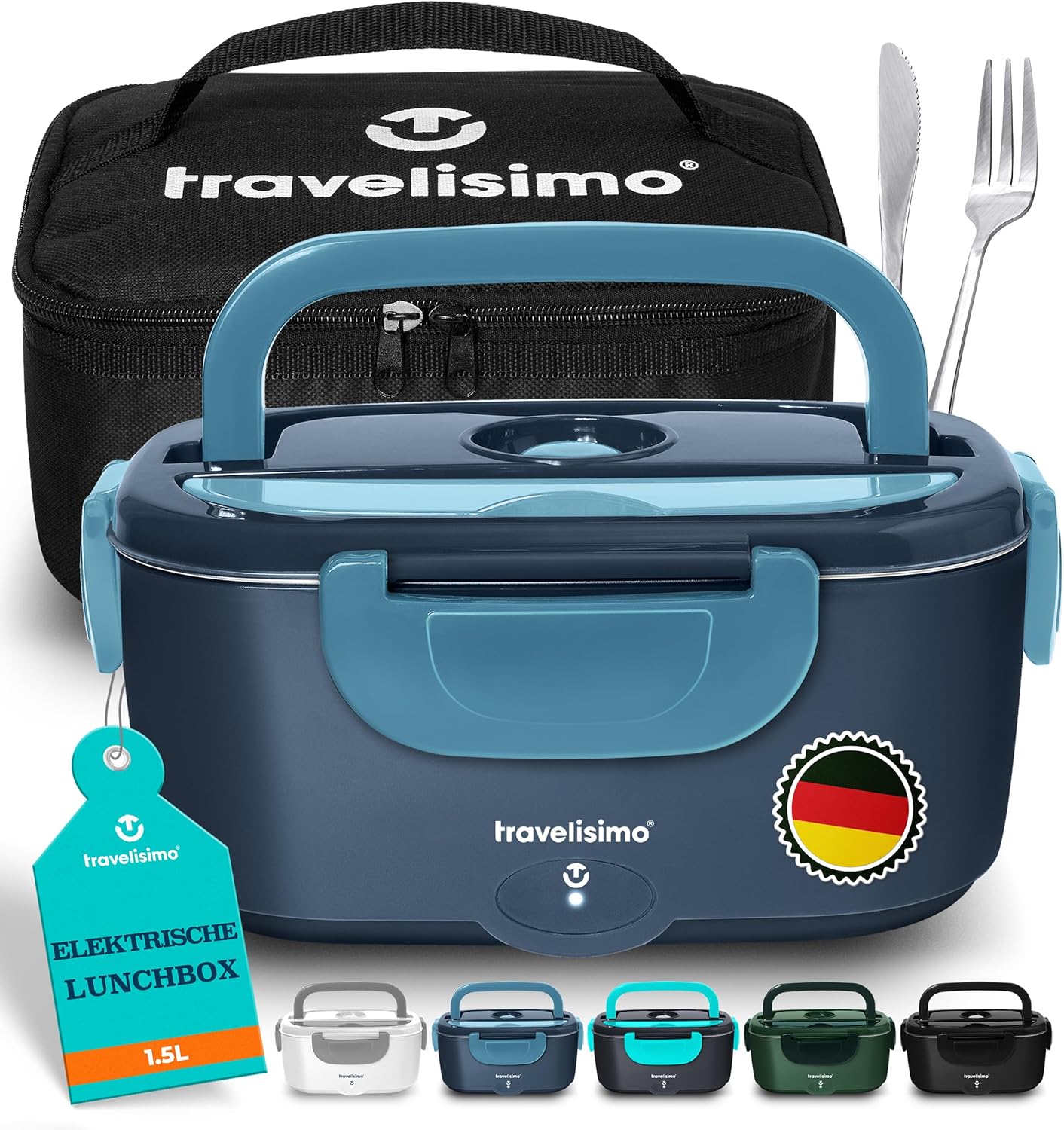 TRAVELISIMO Fiambrera Eléctrica 80W Caja de Comida Almuerzo Caliente, Caja de Calor de 1.5L para Alimentos Fiambrera 3 en 1 Eléctrica 12V/24V/220V, Contenedor de Calor para Llevar para el Trabajo Coch