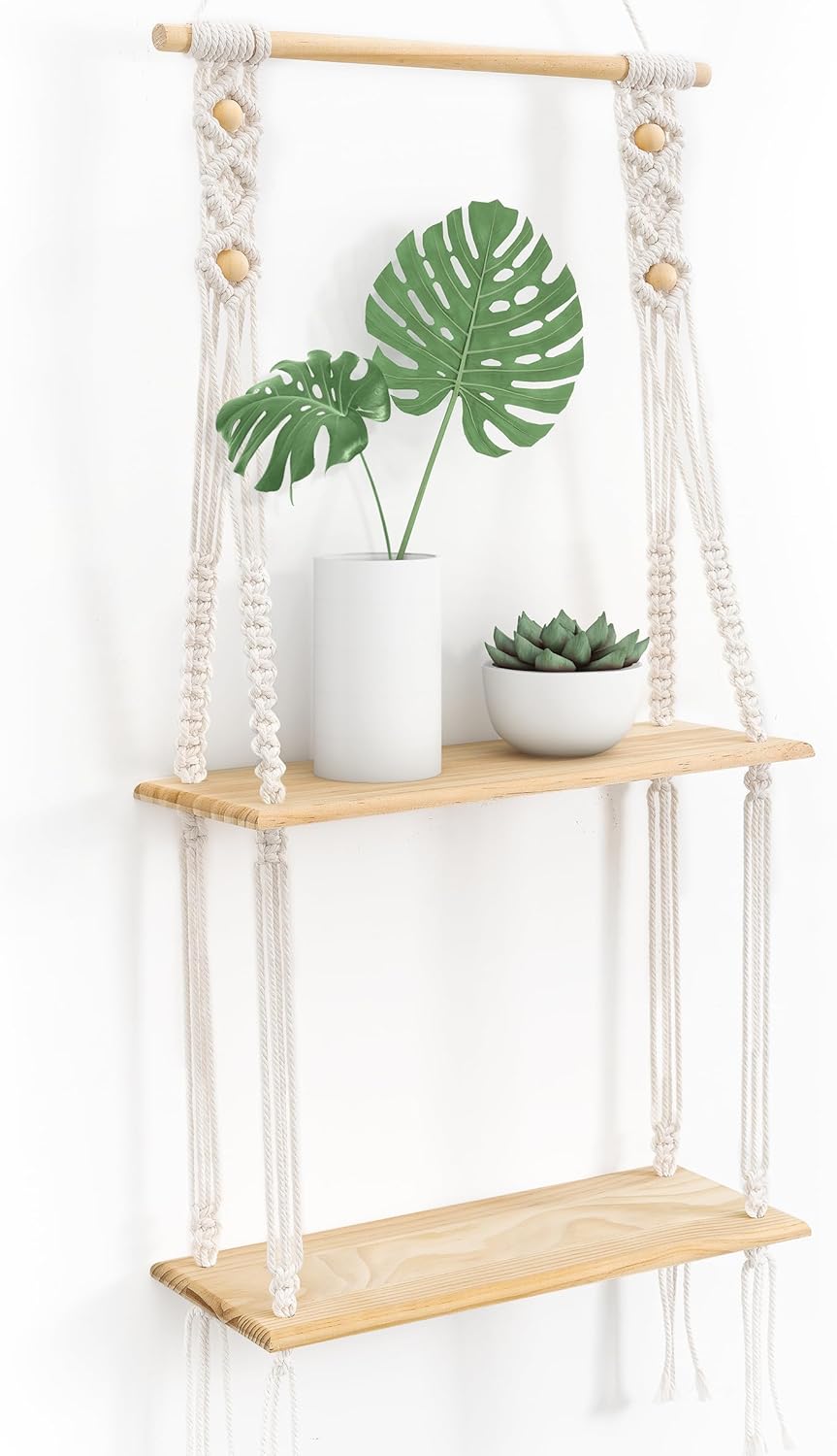 Afuly Estante de pared de madera, estante decorativo bohemio, estante para colgar en la pared, macramé, decoración de pared, borlas tejidas a mano, estante flotante, balcón, estante para plantas