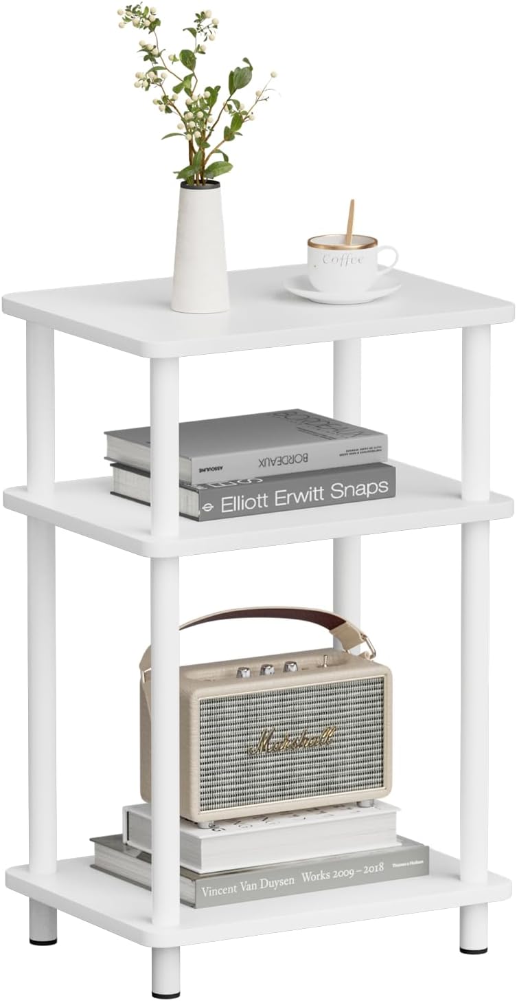 APICIZON 3 Tier Mesita Auxiliar, Mesa Auxiliar Salon, Mesita de Noche Estrecha con Espacio de Almacenamiento, 40x30x61.5cm, Mesita Auxiliar Pequeña para Dormitorio, Balcón, Sala de Estar, Weiss
