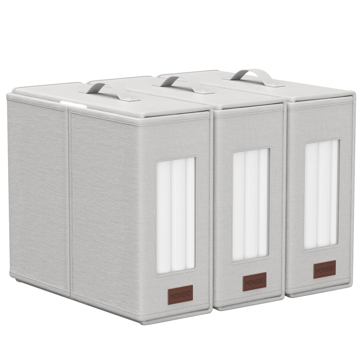 Bolsa de almacenamiento Mowend para ropa de cama, funda nórdica, organizador de sábanas plegable para camas tamaño king y queen con ventana transparente y asa mejorada, capacidad de carga de 5 kg, paquete de 3 (blanco)