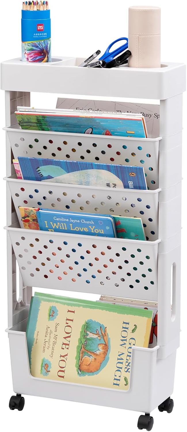 DOEWORKS Estantería Libros con Ruedas Móvil Estantería Carrito Auxiliar 5 Niveles Estante para Libros Pequeño Estantería Rodante, Carro de Servicios para Salón Baño Dormitorio Oficina, Blanca