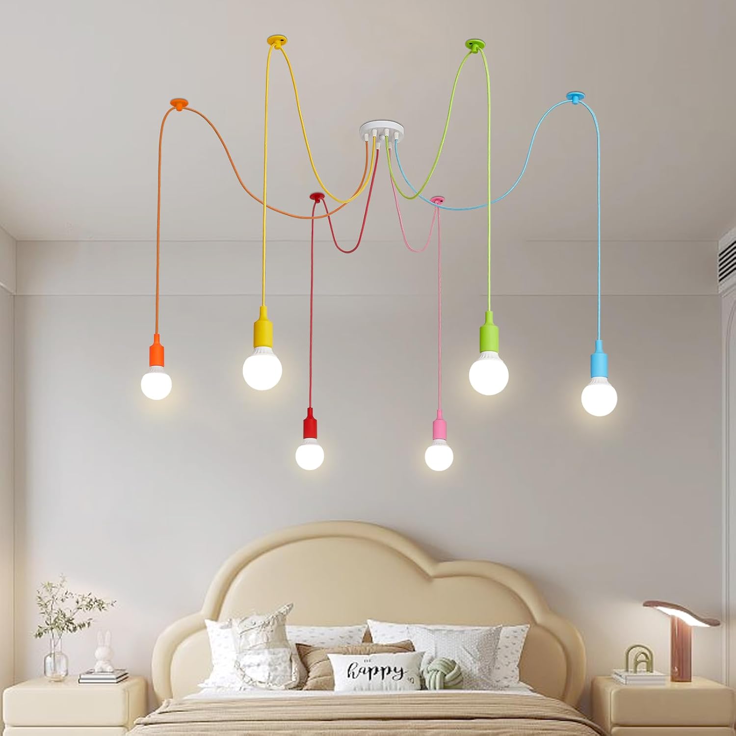 BRIMETI Lámpara colgante para habitación infantil, lámpara colgante de 6 luces, lámpara de mesa de comedor, altura ajustable, 160 cm, lámpara colorida para cocina, comedor, bricolaje, decorativa, máx.