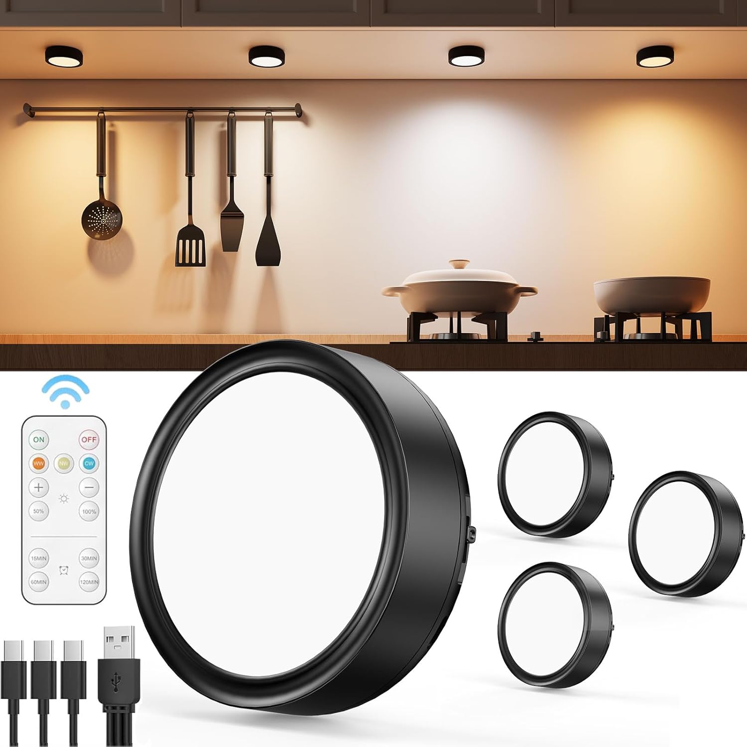 Foco LED RGB Vloee con batería y control remoto, 2400 mAh, recargable por USB, para vitrina, luz inalámbrica para debajo del gabinete, luz LED redonda que cambia de color para gabinete, iluminación magnética para estantes, luz adhesiva a batería.