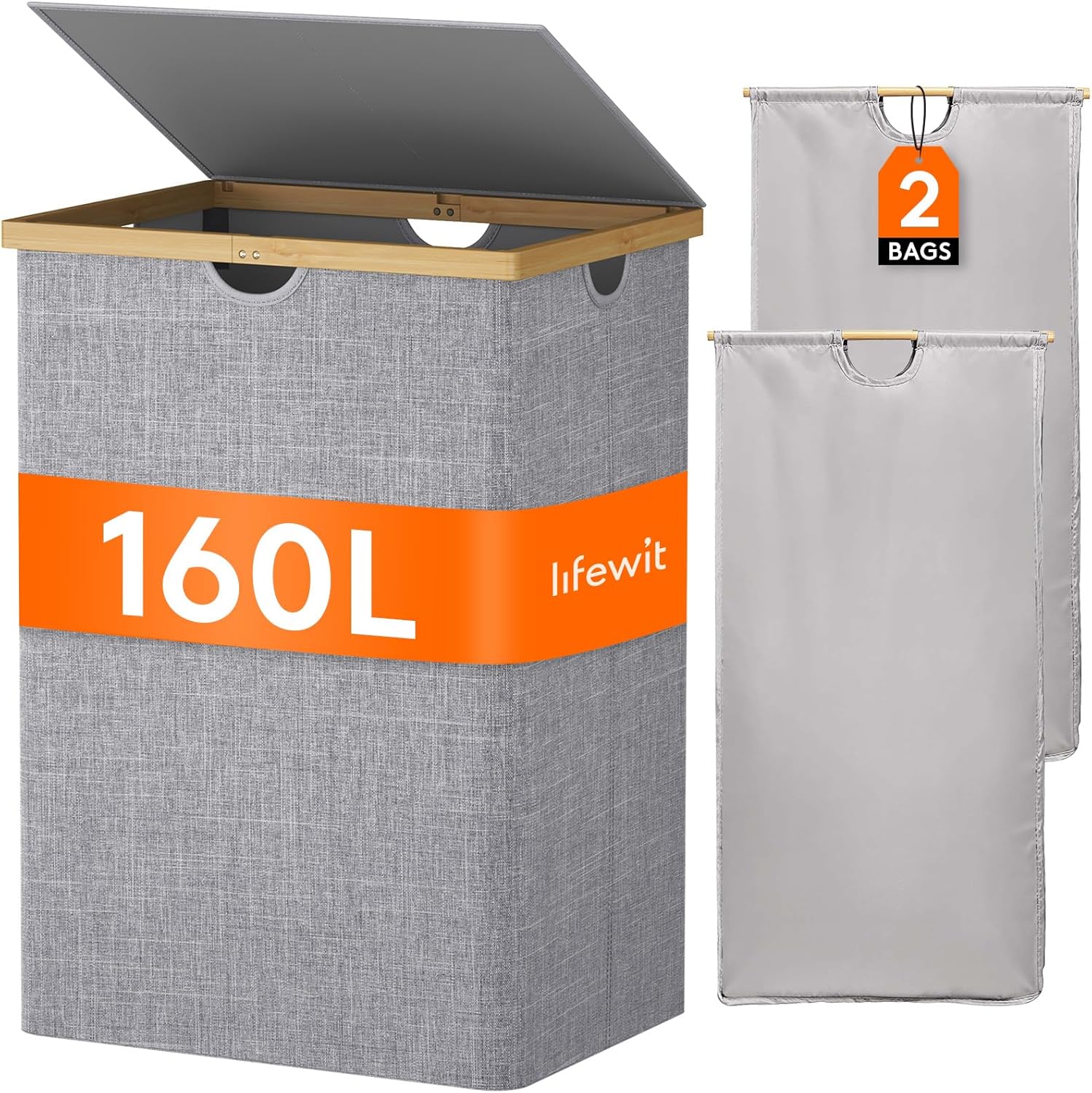 Lifewit 160L Grande Cesto Ropa Sucia con Tapa de Bambú, Cesta Ropa Sucia con Asas, Cubo Ropa Sucia Plegable con 2 Secciones y Bolsa Lavable Extraíble, Laundry Basket para Baño, Lavadero, Gris