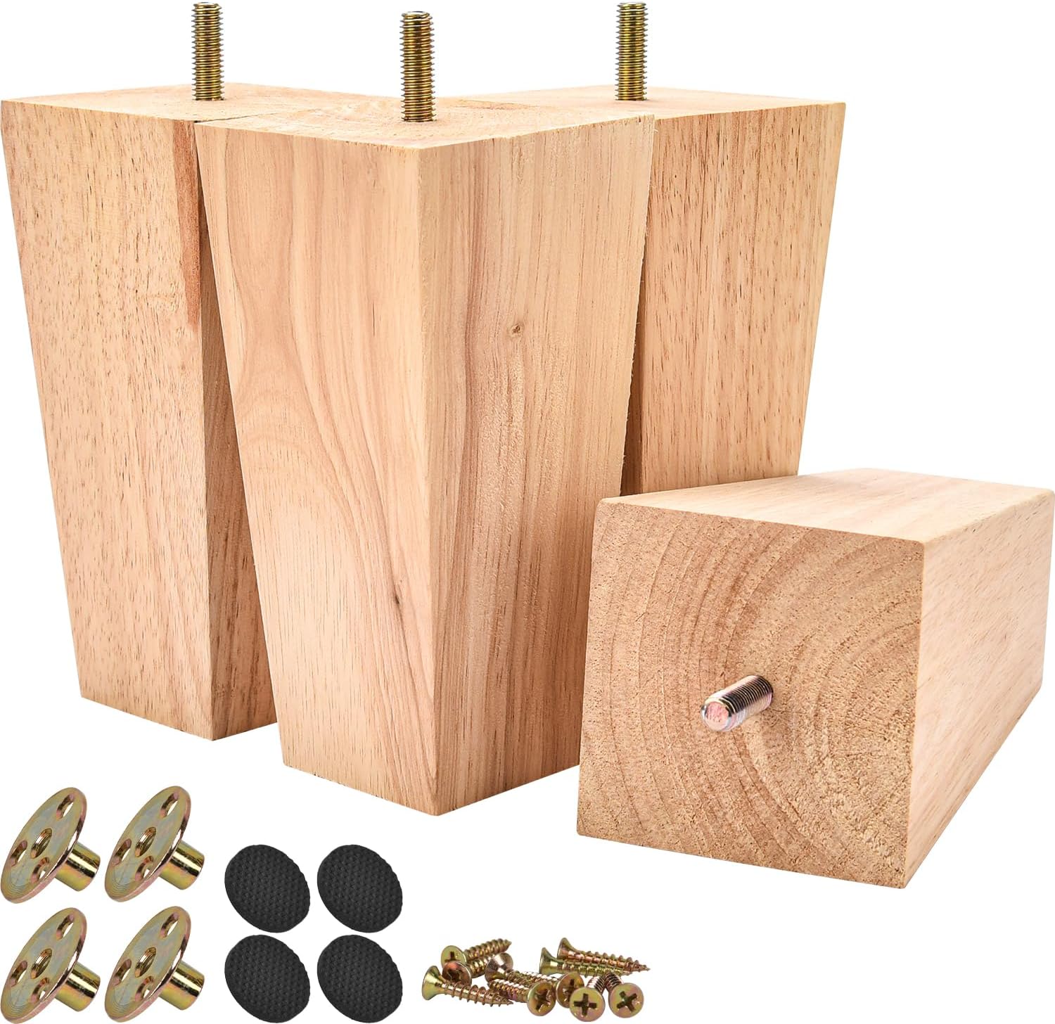 Btowin Patas de madera para muebles de 20 cm, paquete de 4 patas de mesa piramidales de madera maciza sin terminar, patas para muebles con pernos M8 preperforados, placas de montaje y tornillos para g