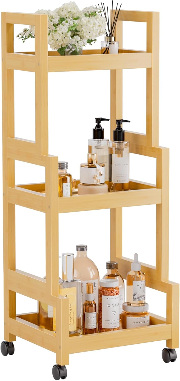 vovala Carros rodantes con ruedas, pequeño organizador de almacenamiento para utensilios de cocina, carrito móvil extraíble de 3 niveles con estante de bambú, estantería multifuncional, natural