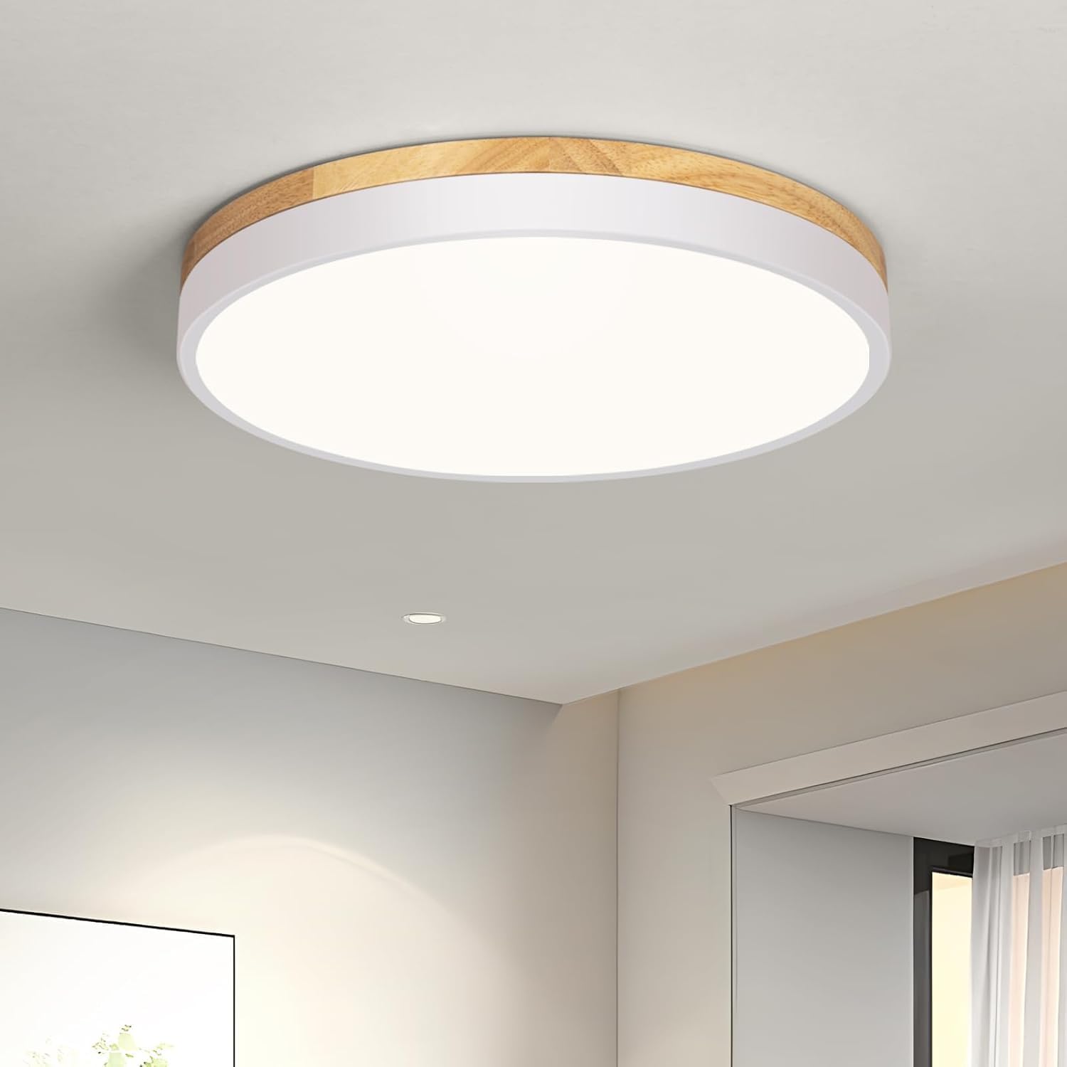 Lámpara de techo moderna de madera Vikaey, LED blanca, 4000 K, 24 W, ideal para salón, pasillo, estudio, cocina, baño y comedor, Ø30 cm.