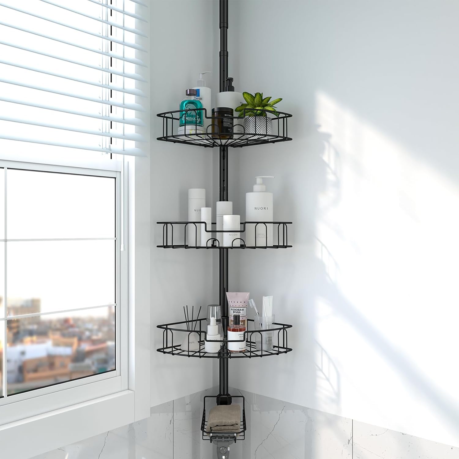 DAKEPOLE Estante de Ducha, Estante de Ducha Ajustable en Altura, Estante de Ducha Sin Perforaciones, Estante de Esquina de Acero Inoxidable Negro, Estante de Baño con 4 Cestas para Bañera y Baño, Inox