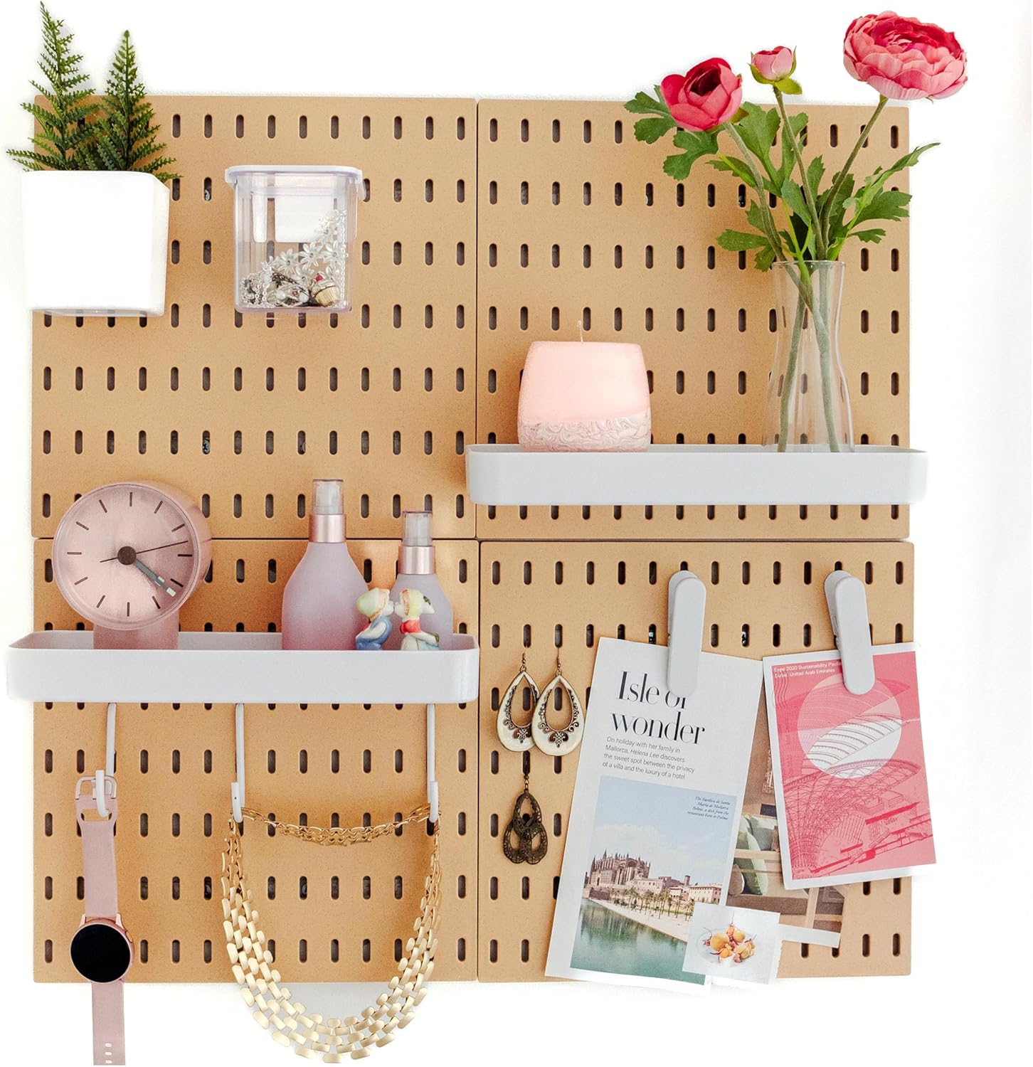 Organizador de pared L'essentiel para casa y oficina, tablero perforado, 56 x 56 cm, juego completo (4 paneles de 28 x 28 cm cada uno) y accesorios, blanco o negro (marrón/blanco, juego de 4 paneles)