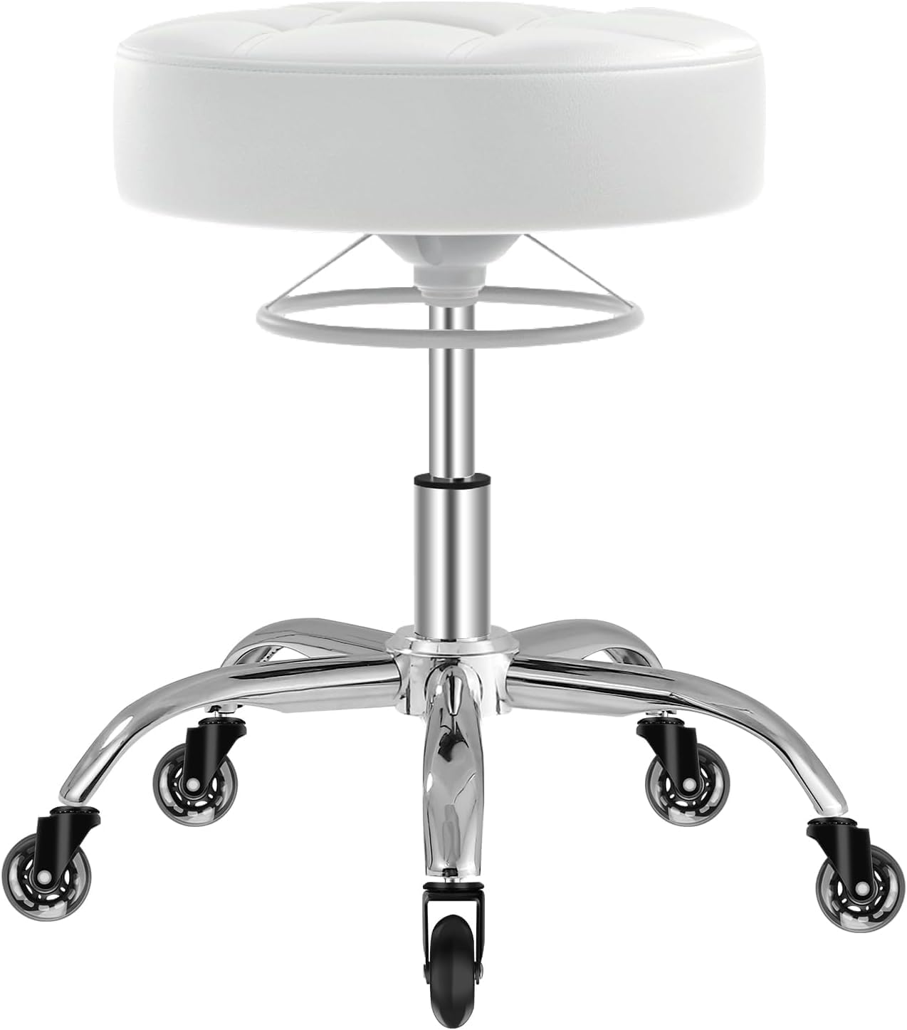 Taburete con ruedas OUTMASTER, altura ajustable con elevación de anillo, espuma gruesa para mayor comodidad, silla giratoria de 360°, capacidad de carga de hasta 180 kg, ideal para salón, spa y hogar (blanco)