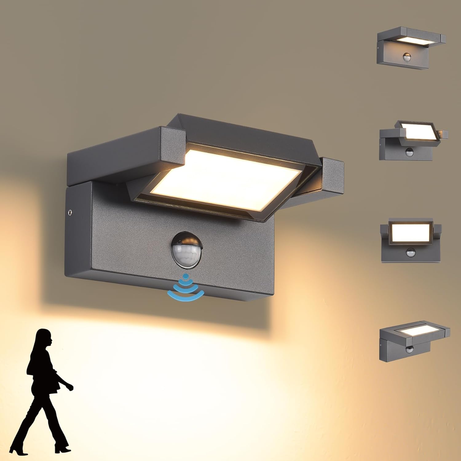 Aplique de exterior LED con detector de movimiento, aplique de exterior de 12 W, aplique de exterior impermeable IP65, aplique de pared blanco cálido 3000 K, aplique de exterior/interior con panel gir