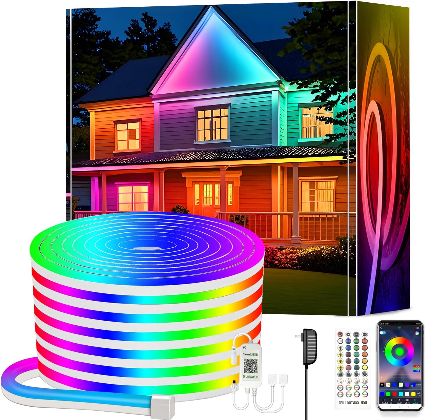 Tira de LED Neon de 10m con 840 LEDs y proyección de luz de 120 grados, adecuada para interiores y exteriores. Funciona a 24V, bajo calor, segura para niños y ancianos. Incluye control remoto IR y app