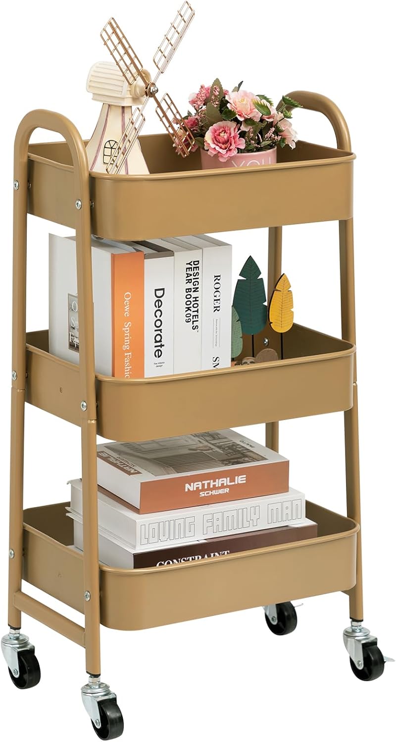 DOEWORKS - Carrito de servicio de metal con ruedas, 3 niveles, para cocina, manualidades, sala de estar, dormitorio, baño y oficina, color dorado