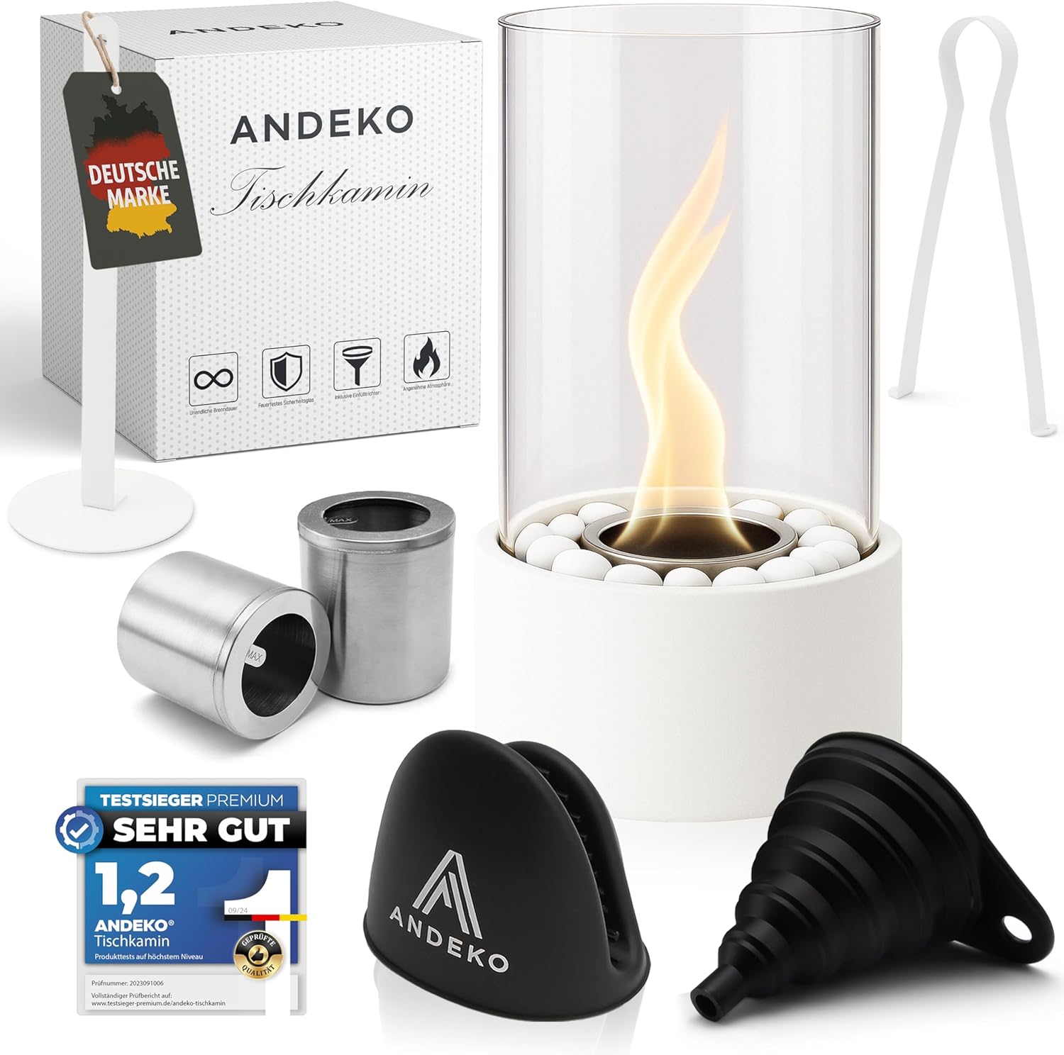 Chimenea de mesa de bioetanol premium ANDEKO - fuego de mesa con duración de combustión de 3 horas - chimenea de etanol que incluye piedras decorativas y 2 cámaras de combustión grandes - vidrio de al