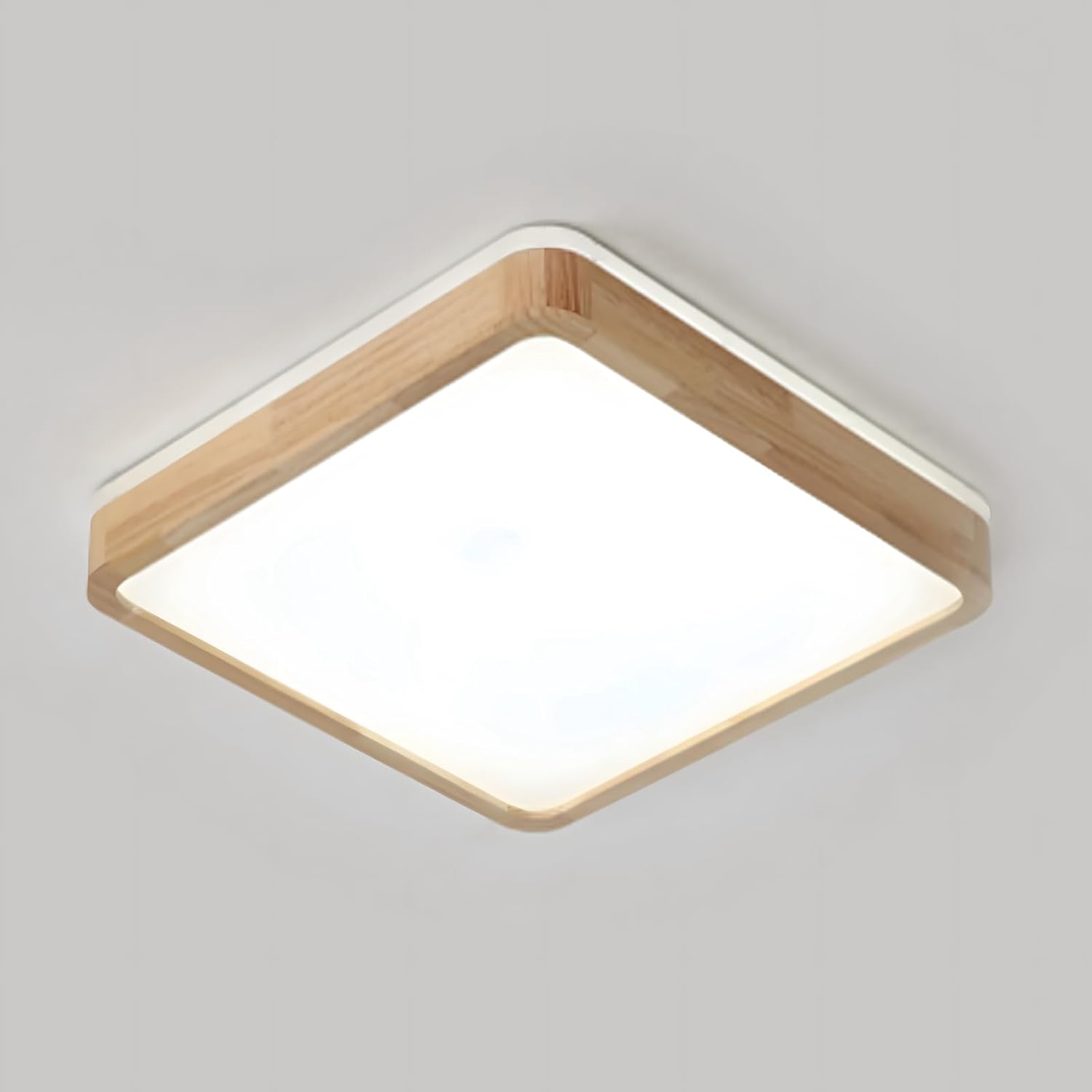 Lámpara de techo LED empotrada de madera natural cuadrada con brillo de 360°. Temperatura de color: 6000K, 18W, 1600lm. Diseño ocular, sin parpadeo, CRI 80Ra. Dimensiones: 30x30cm y altura de 5,5cm. V