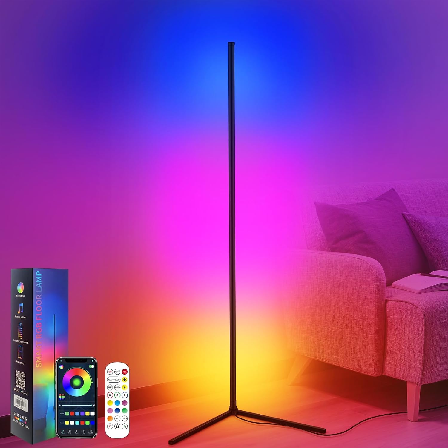 CS COSDDI Lámpara de Pie LED Inteligente, Lámpara de Pie LED Salón, Lámpara de Pie 150 cm Regulable con Mando a Distancia y APP, 16 Millones de Colores, Modos de Música, Modo DIY y Temporización, Lámp