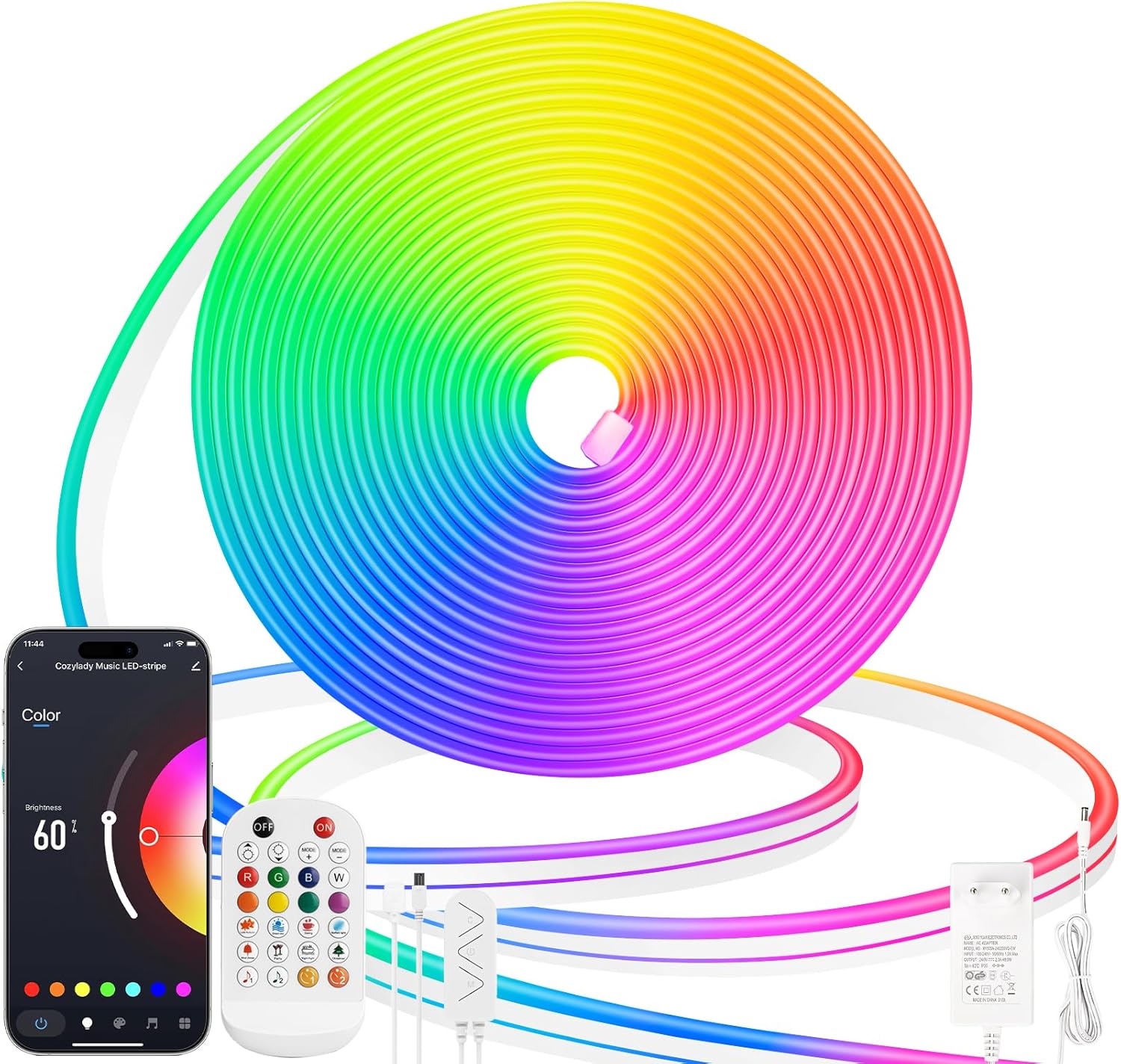 Tira LED Lamomo de 5m RGB con clasificación IP65, diseñada para uso interior y exterior. Funciona a 12V y se conecta a dispositivos Bluetooth para un control fácil. Permite cambios de color y ajuste d