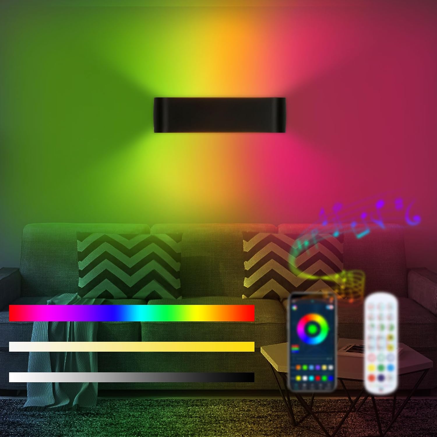 Lámpara de pared interior RGB de 12W, con materiales de aluminio y acrílico mate. Funciona en un rango de 85-265V, mide 30x8x3 cm, sin parpadeos y con un índice de reproducción cromática de hasta 90. 