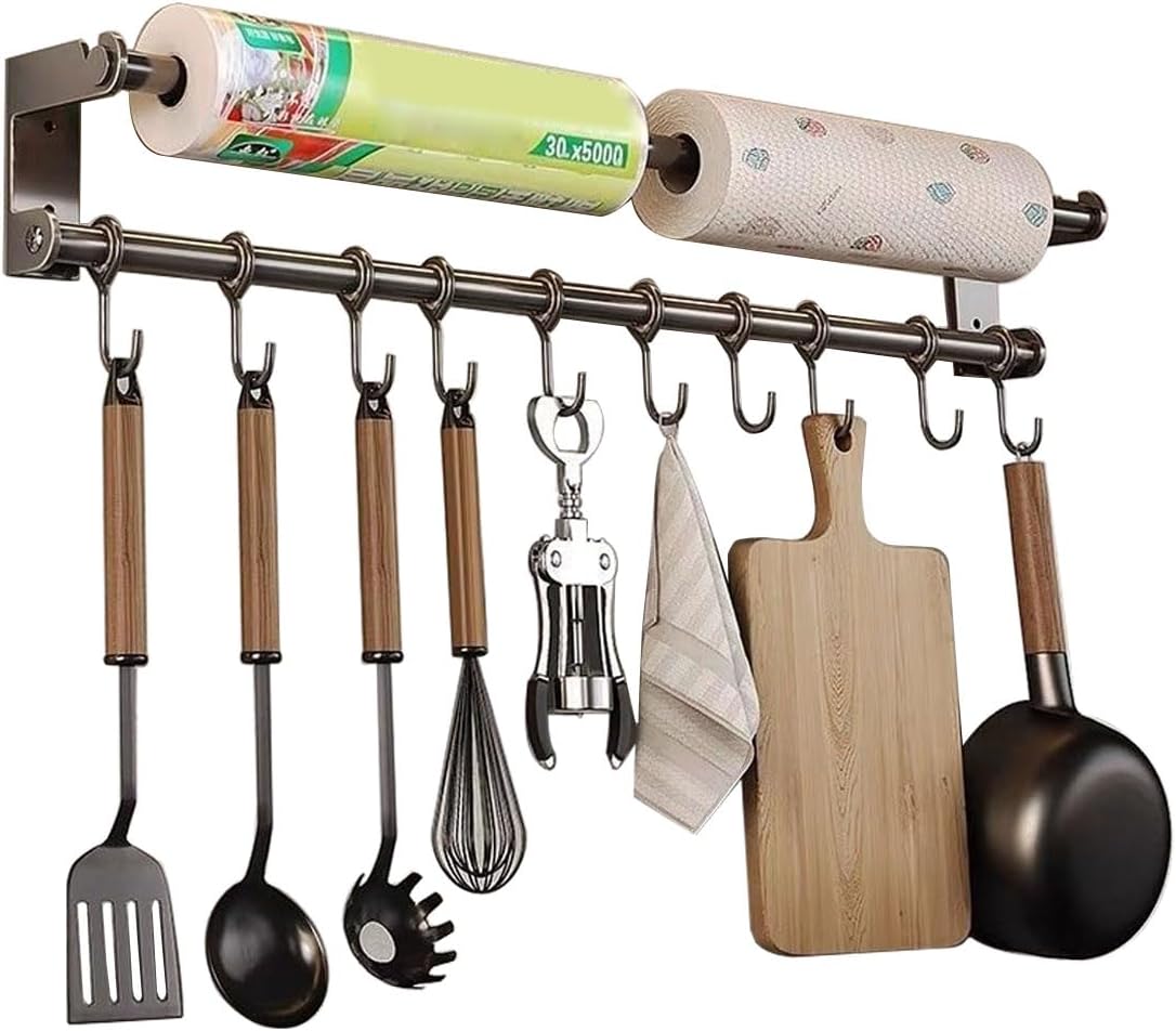Portarrollos de cocina y gancho multifuncional de 60 cm fabricado en metal. Incluye 10 ganchos móviles y permite instalación sin taladro. Apto para superficies sólidas y rugosas, incluye pegamento y t