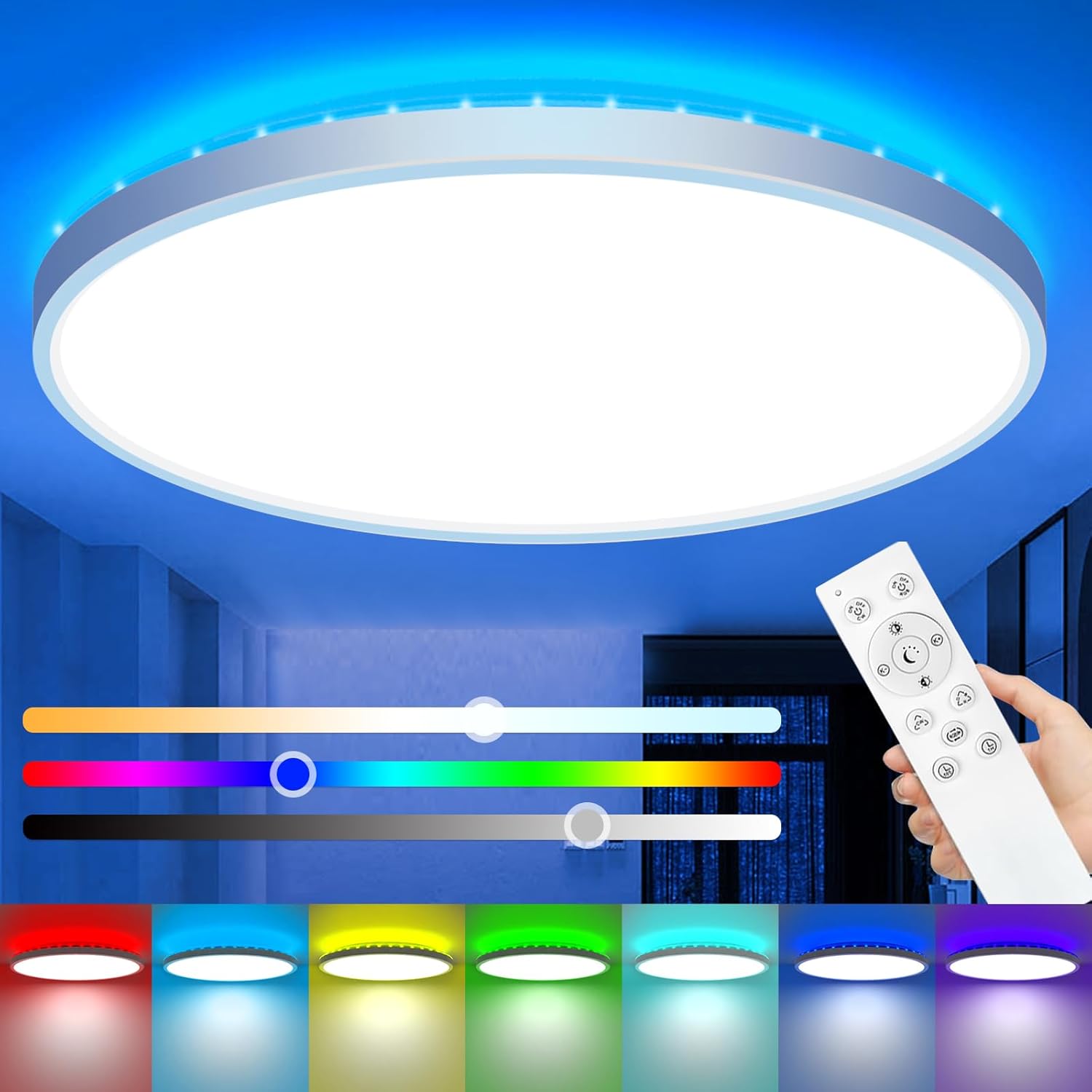 Lámpara de techo LED de 36W y 3600LM. Ideal para iluminar espacios de 10-20?. Cuenta con 7 colores RGB y 3 temperaturas de luz (3000K, 4000K, 6500K), regulable del 10% al 100%. Clasificación IP54, res