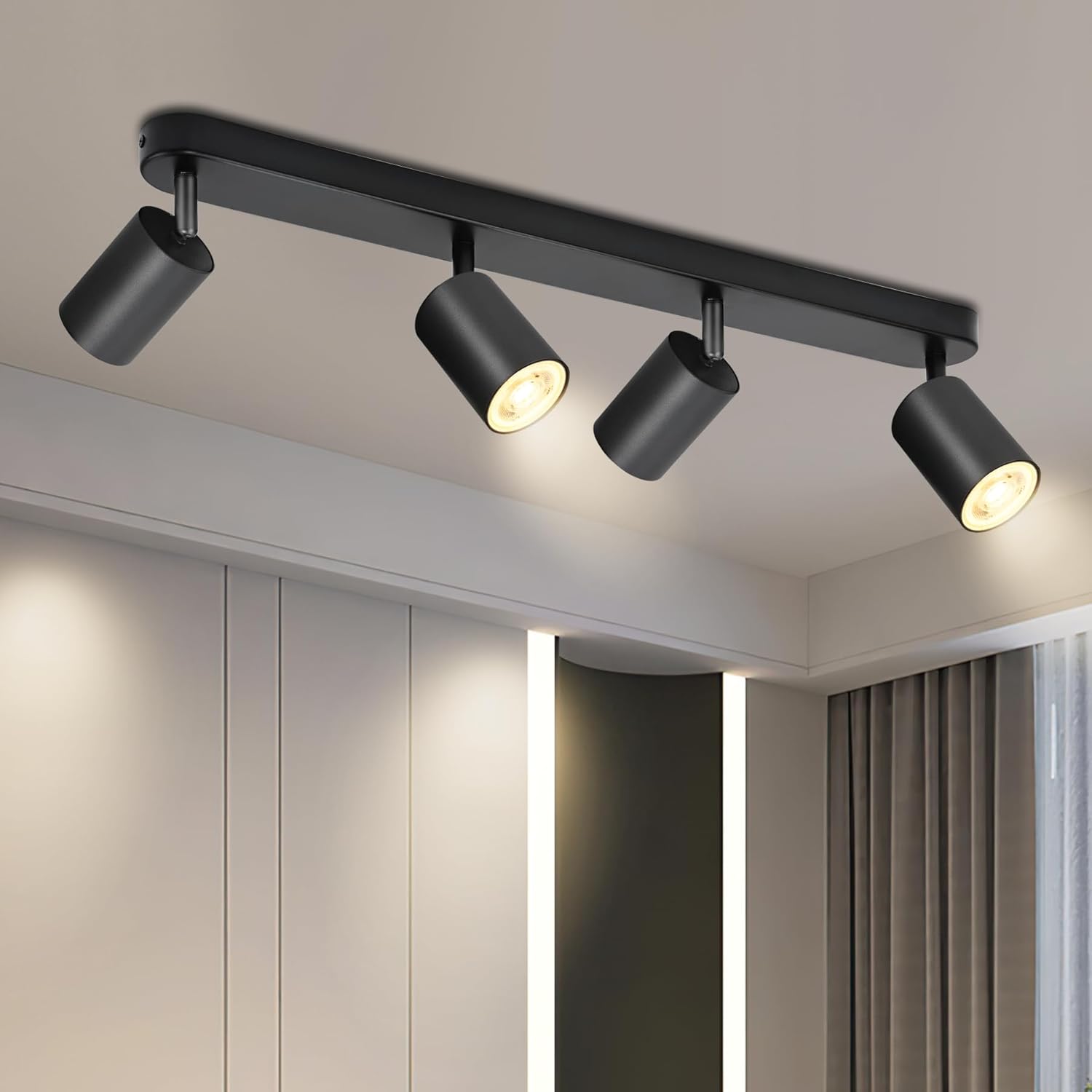 Foco de techo BOYIR de 4 luces, negro, giratorio, LED GU10 de 350°, foco de pared giratorio, lámpara de cocina, foco para salón y pasillo (bombillas no incluidas).