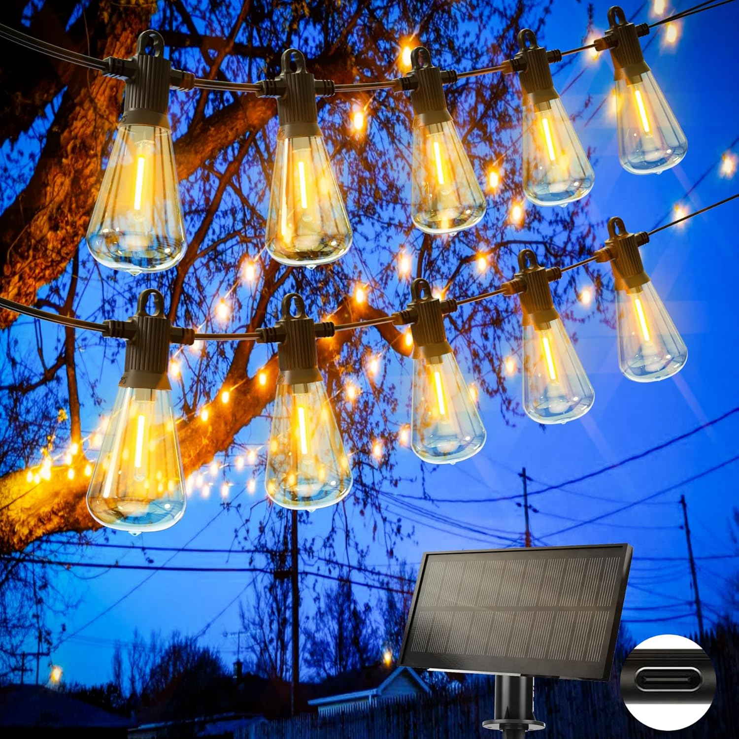 Guirnalda de luces solares para exterior Zuske, 9,5 m, IP65, impermeable, con 15+2 bombillas LED G40, ideal para terrazas, bodas, fiestas y Navidad, color blanco cálido.