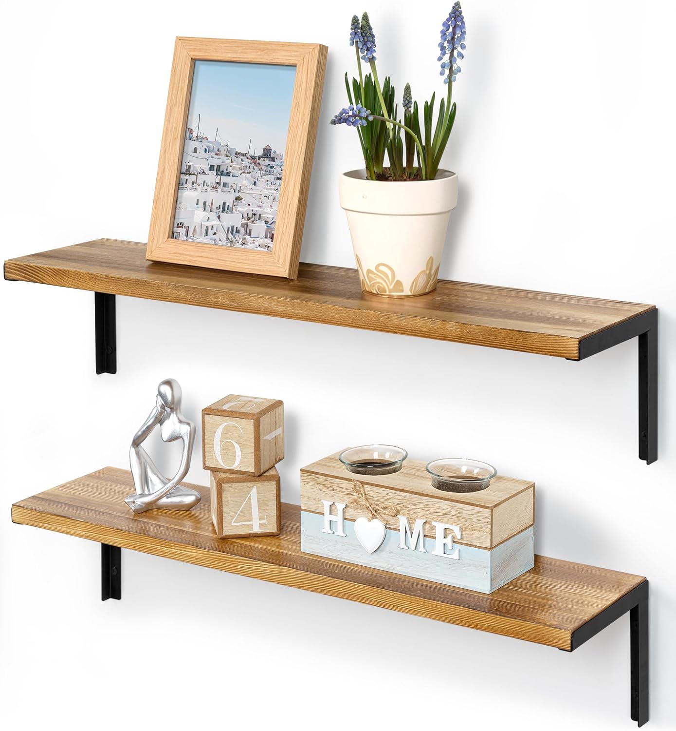 Afuly Estantes de pared de madera, juego de 2 estantes flotantes de metal, estantes largos para colgar en la pared, estantes de almacenamiento decorativos naturales para cocina, dormitorio, sala de es