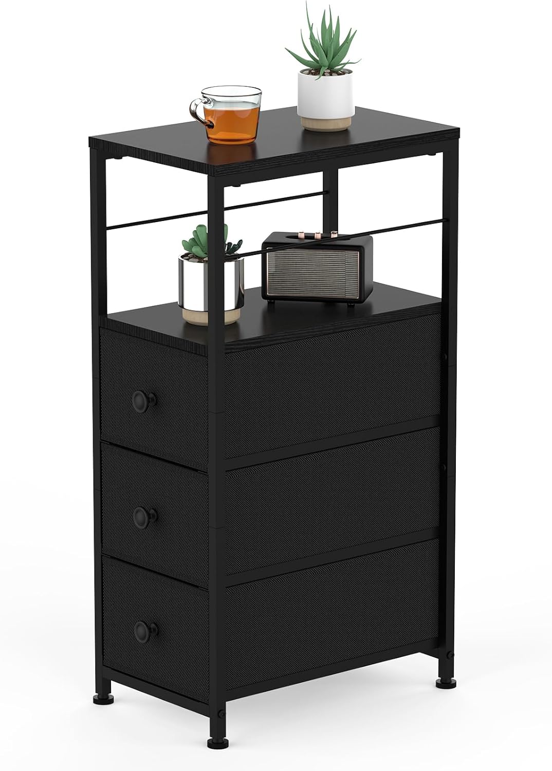 Cómoda con 3 cajones de tela, sistema organizador de cajones altos y estrechos, cómoda con estructura de metal resistente y tapa de madera, mueble estilo industrial para dormitorio, salón, color negro
