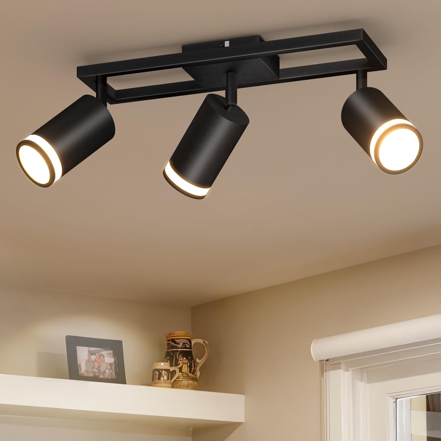 Foco de techo LED Dehobo, 3 luces, negro, GU10, giratorio 350°, para cocina, dormitorio y salón. Bombilla no incluida.