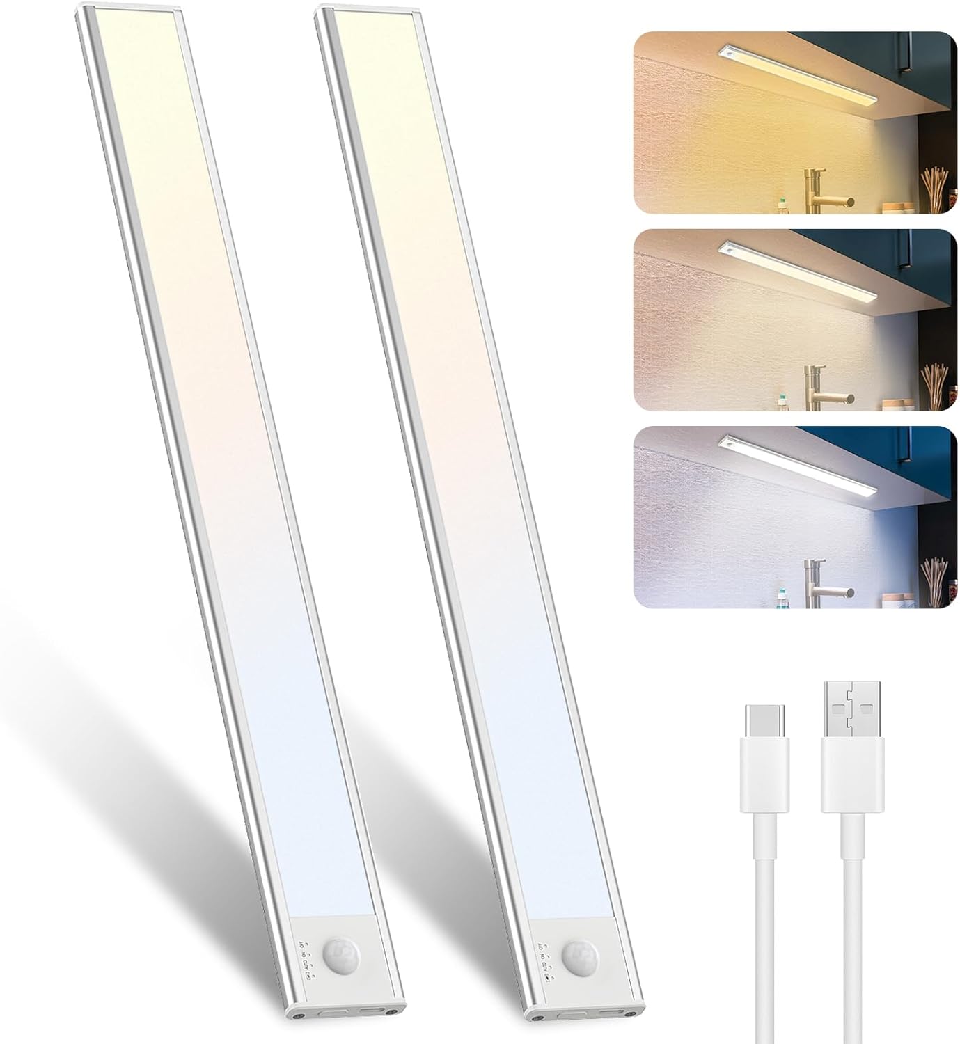 Lámpara de armario libtit con sensor de movimiento - Luz regulable bajo mueble de 30 cm (3000 K - 4000 K - 6500 K) - Tira LED inalámbrica, recargable por USB tipo C, para escaleras, armarios y dormitorios - Paquete de 2