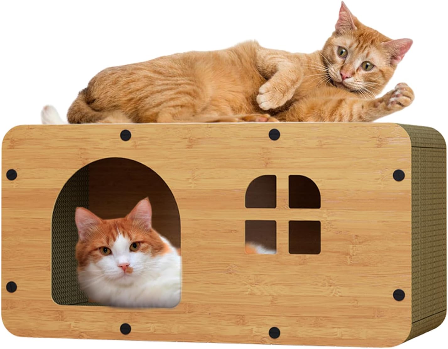 Casa para gatos fabricada con cartón corrugado de 7 mm, combina una cama y una tabla rascadora de ocho lados. Incluye campana y juguetes colgantes de peluche para entretenimiento. Ecológica y sostenib