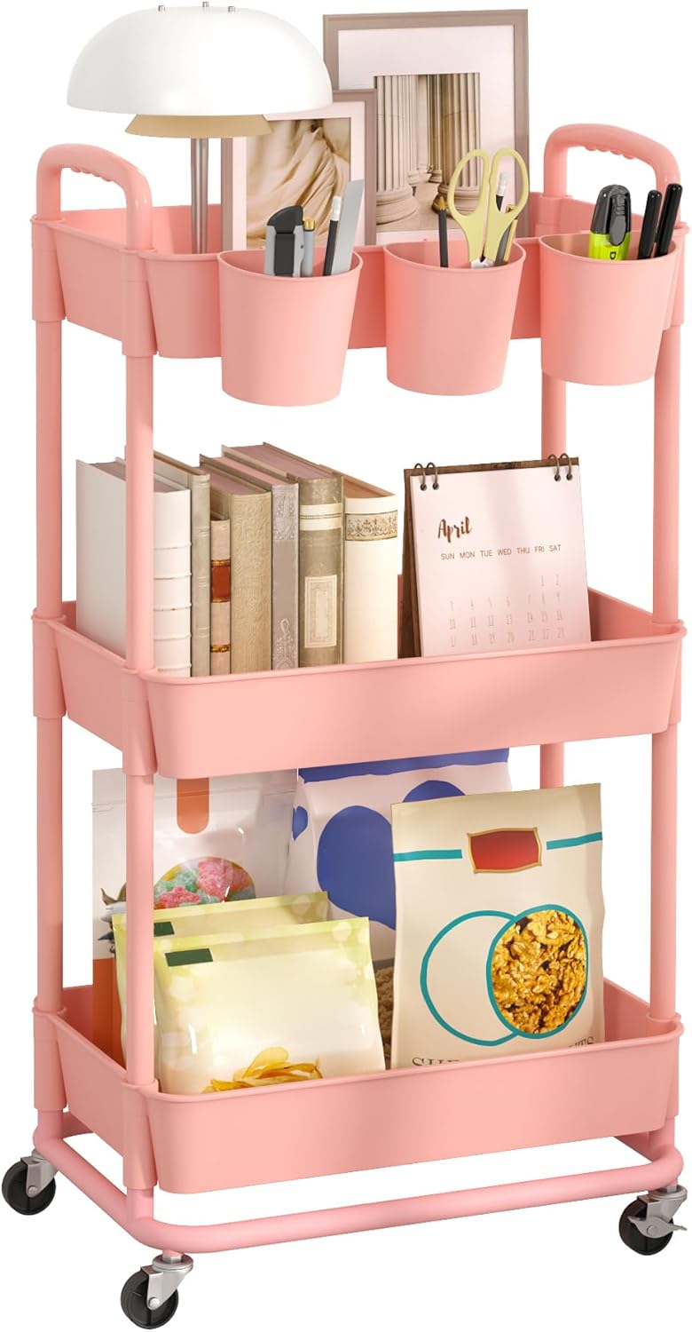 Carrito rodante de plástico JIUYOTREE, 3 niveles, con asas adicionales para colgar, ruedas con bloqueo para sala de estar, baño, cocina, oficina, rosa