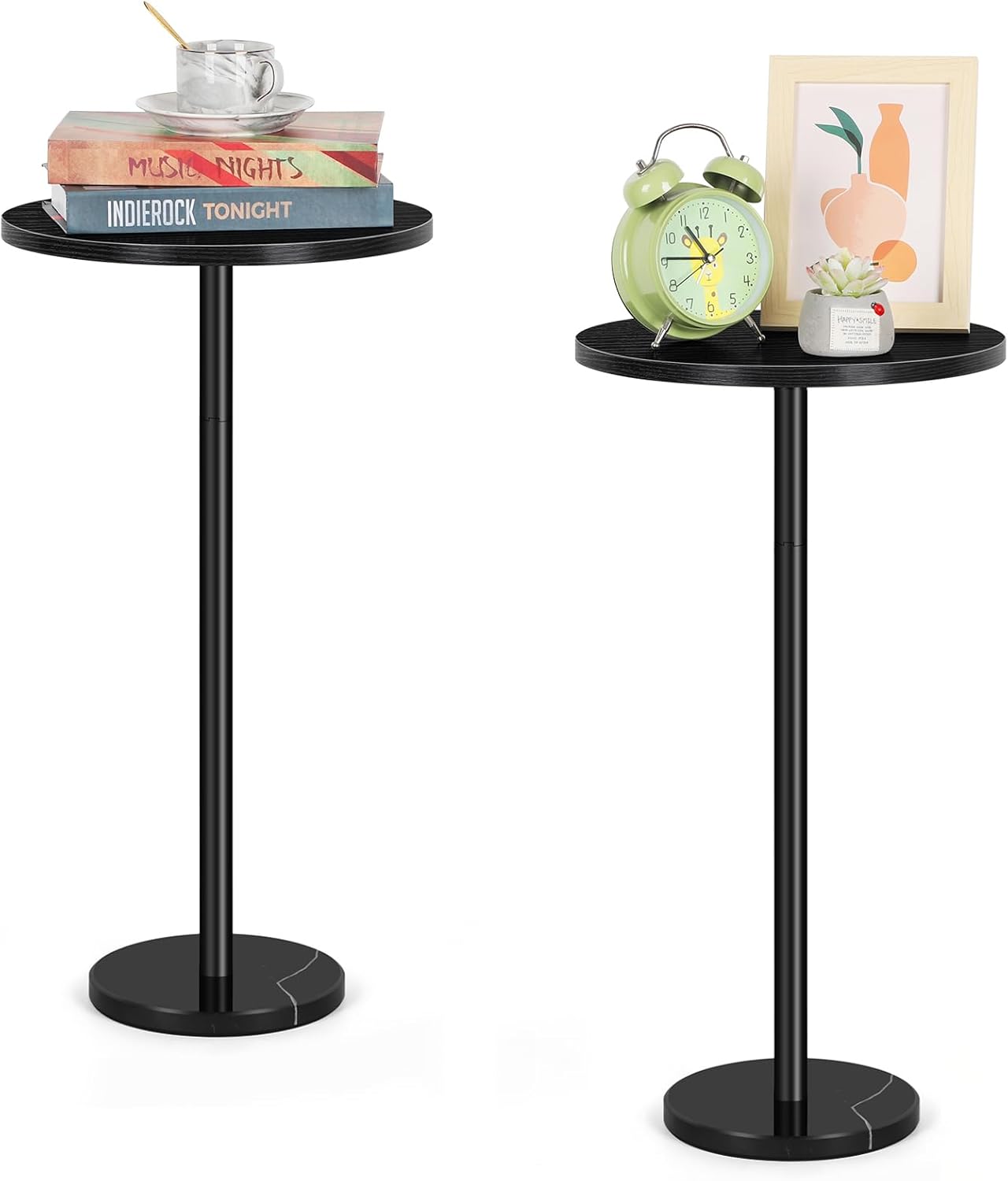 smusei Mesas Auxiliares Redondas Pequeñas Messa de Café Negras con Base de Mármol 32 cm, Juego de 2 Mesas Auxiliares de Sofá para Sala de Estar Salón Dormitorio y Espacio Pequeño, Negra