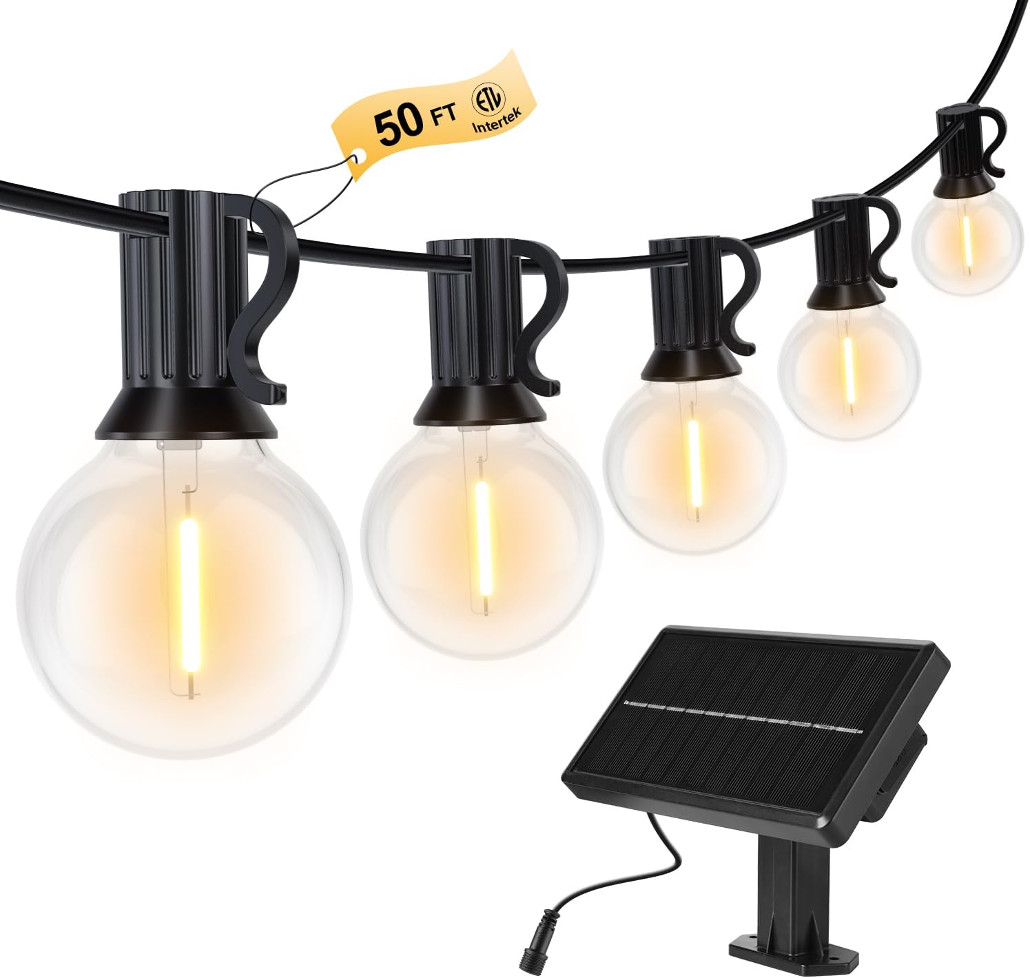Guirnalda de luces exterior Toipwen IP65, 15M con 25+1 bombillas irrompibles, alimentada por panel solar o puerto USB. Ofrece 4 modos de iluminación y sensor de crepúsculo. Instalación fácil con monta