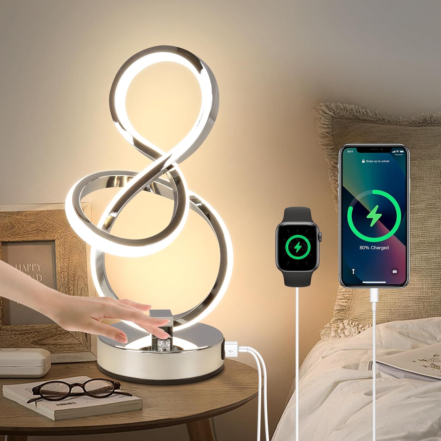 EIDEARAY Lámpara de Noche LED, Lámpara de Mesa Moderna de 10 W, Control Táctil de 3 Temperaturas de Color, Lámpara de Mesa Continuamente Regulable con Puertos USB, para Dormitorio, Sala de Estar, Ofic
