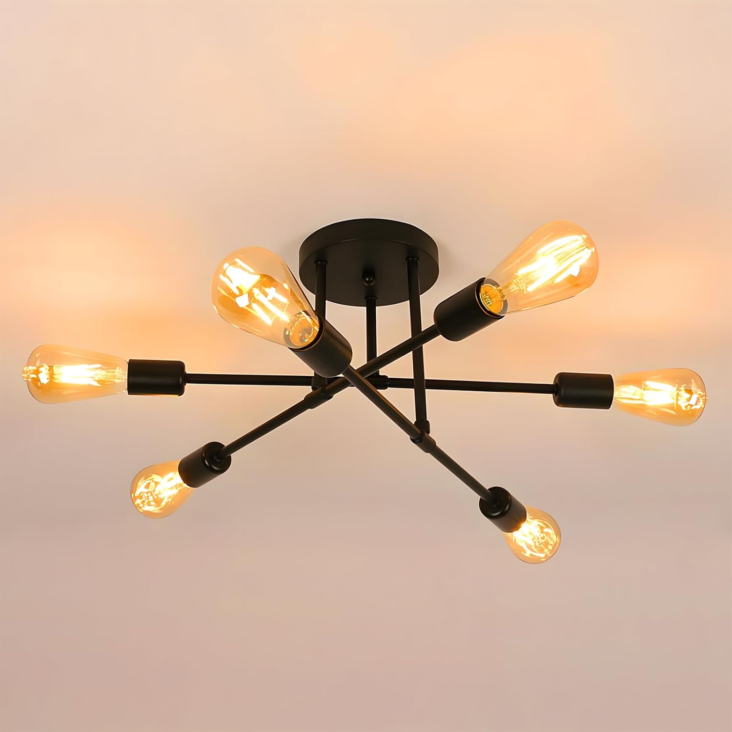 Lámpara de techo industrial de 6 bombillas (sin bombilla). Dimensiones: 51x51x26 cm. Voltaje: CA 220 V, 50 Hz. Base E27, máx 40 W por bombilla. Material metálico resistente a la corrosión y óxido, vid