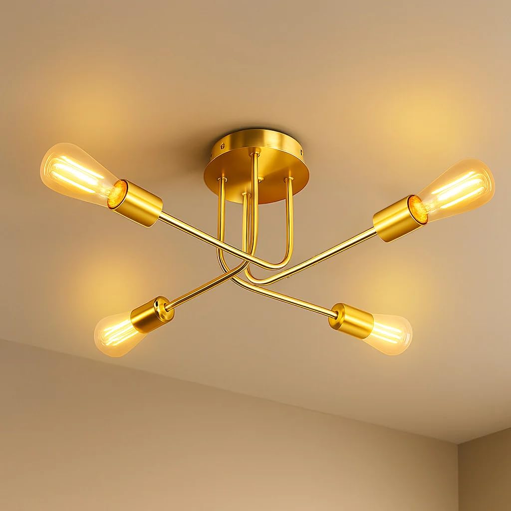 Lámpara de techo industrial NIUNIAJ con 6 brazos ajustables. Fabricada en hierro, dimensiones de 65x65x20 cm, color dorado, CA 220 V. Soporta 6 bombillas E27 (máx. 60 W cada una). Compatible con bombi