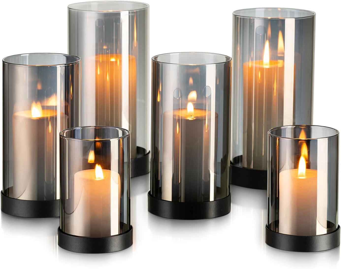 Portavelas de cristal negro portavelas: Hewory Juego de 6 farolillos cilíndricos de cristal para velas farol cilíndrico de cristal vela de cristal grande decorativo negro salón para decoración de mesa